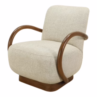 Three quarter view of Miraal Upholstered Accent Chair showing curved wood frame and upholstered seat