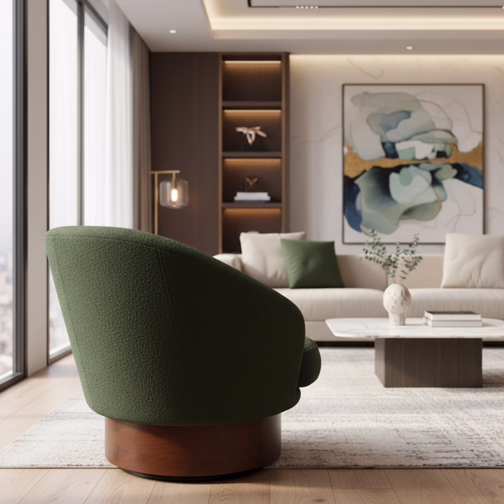 Noor Upholstered Swivel Lounge Chair 2 Noor upholstered swivel lounge chair styled beside layered neutral furnishings in a modern organic interior