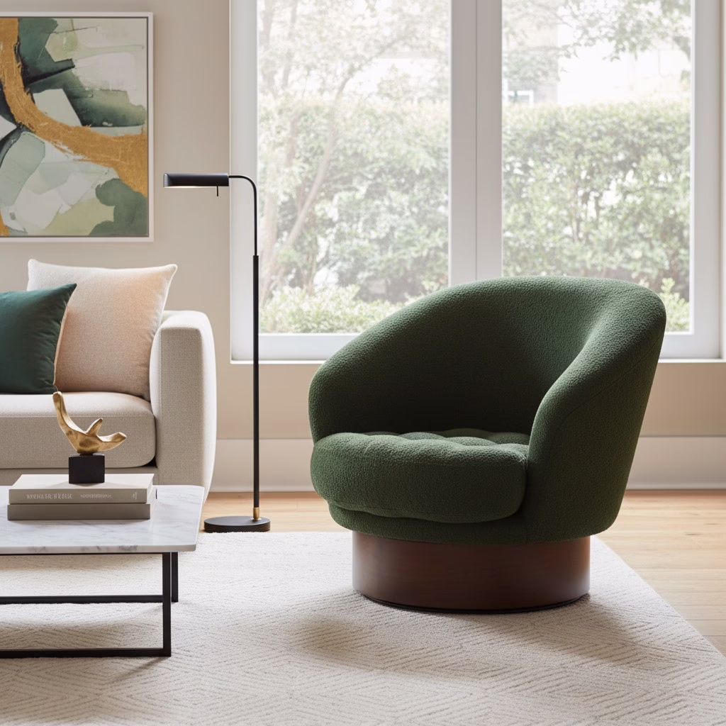 Noor Upholstered Swivel Lounge Chair 13 Noor upholstered swivel lounge chair in textured green high performance fabric with sculpted curved silhouette and walnut wood swivel base