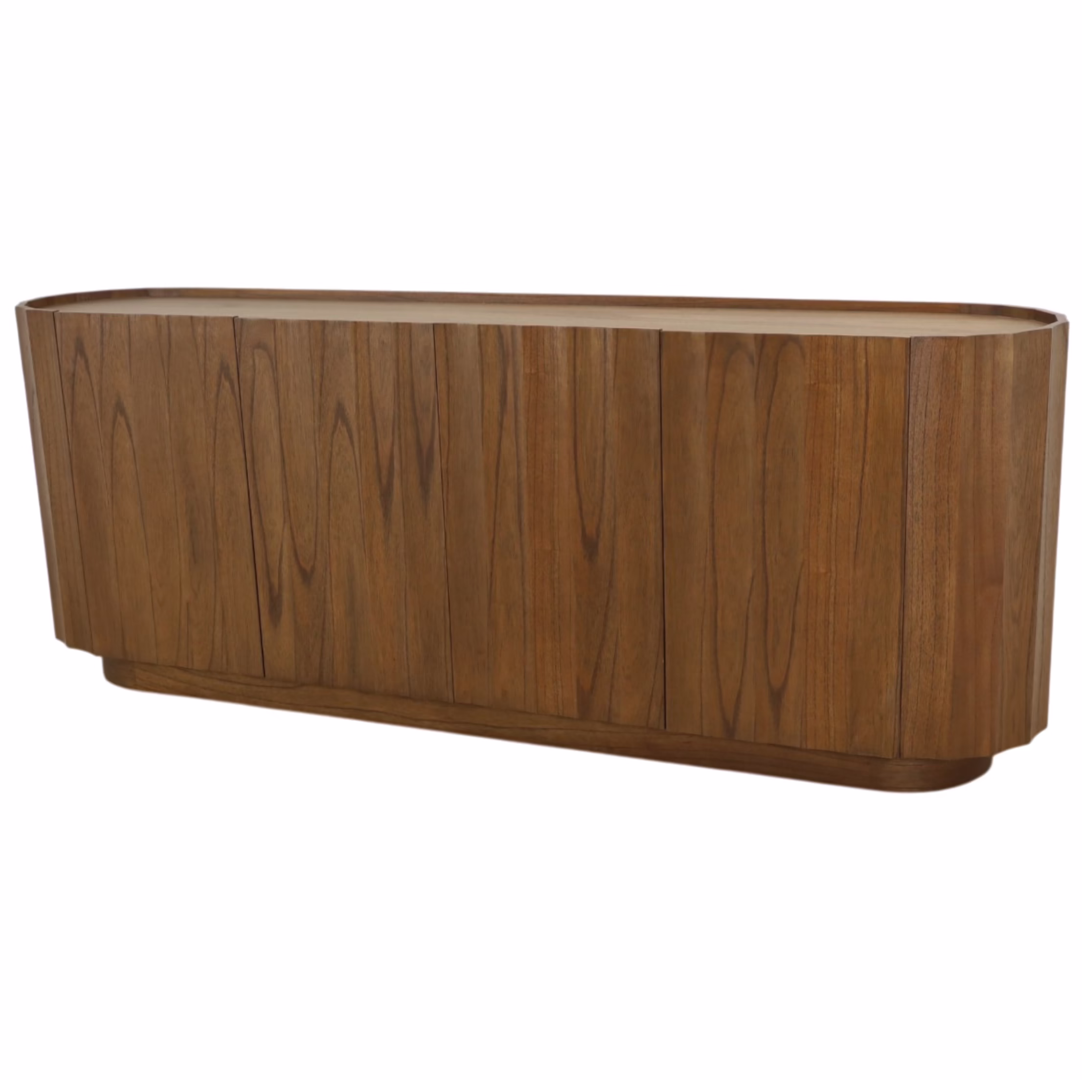 Winnie 88" Sculptural Sideboard, Medium Brown 1 Angled view of the Winnie modern walnut sideboard cabinet showing rounded corners and faceted geometry