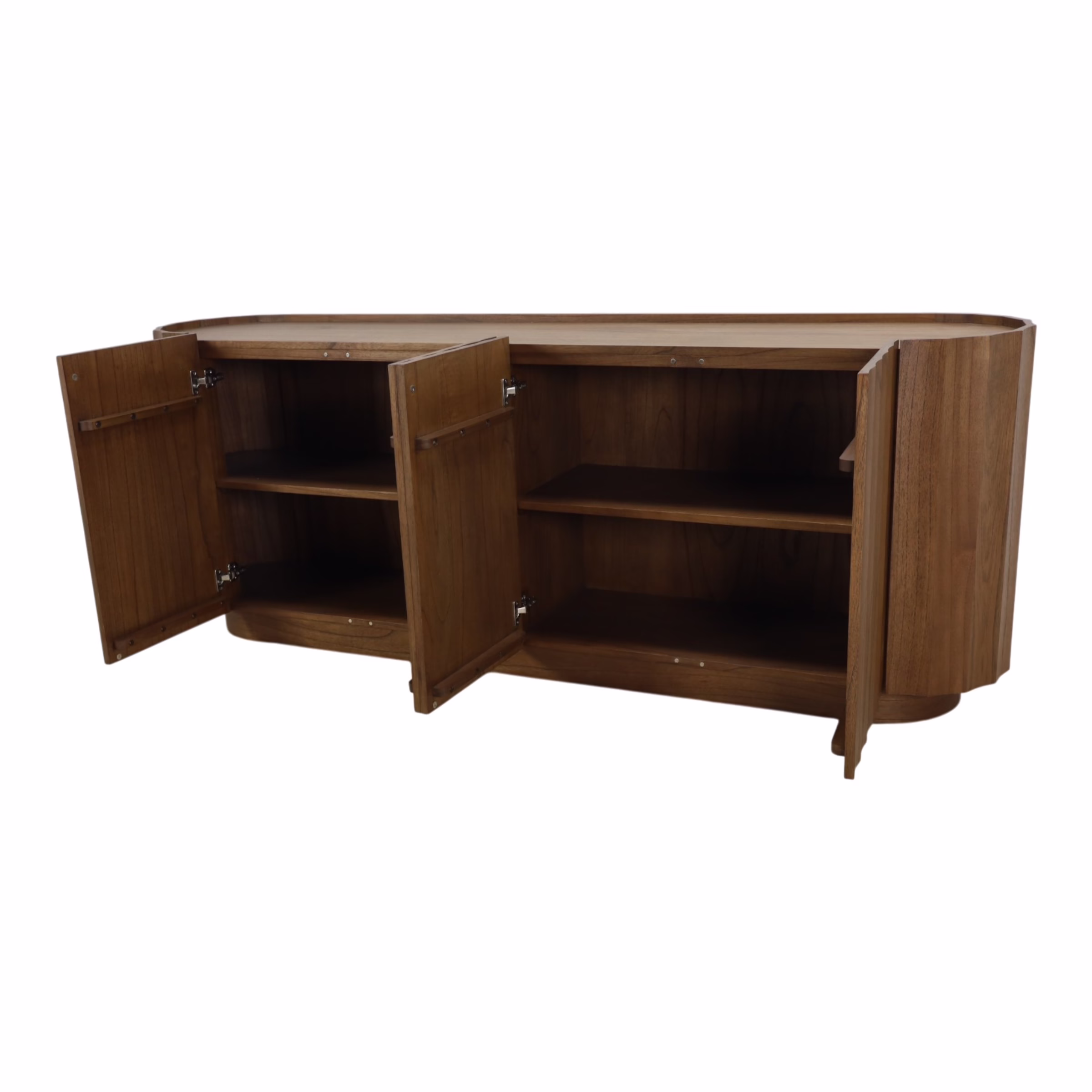 Winnie 88" Sculptural Sideboard, Medium Brown 13 Interior shelving inside the Winnie modern walnut sideboard cabinet with doors opened revealing organized storage compartments