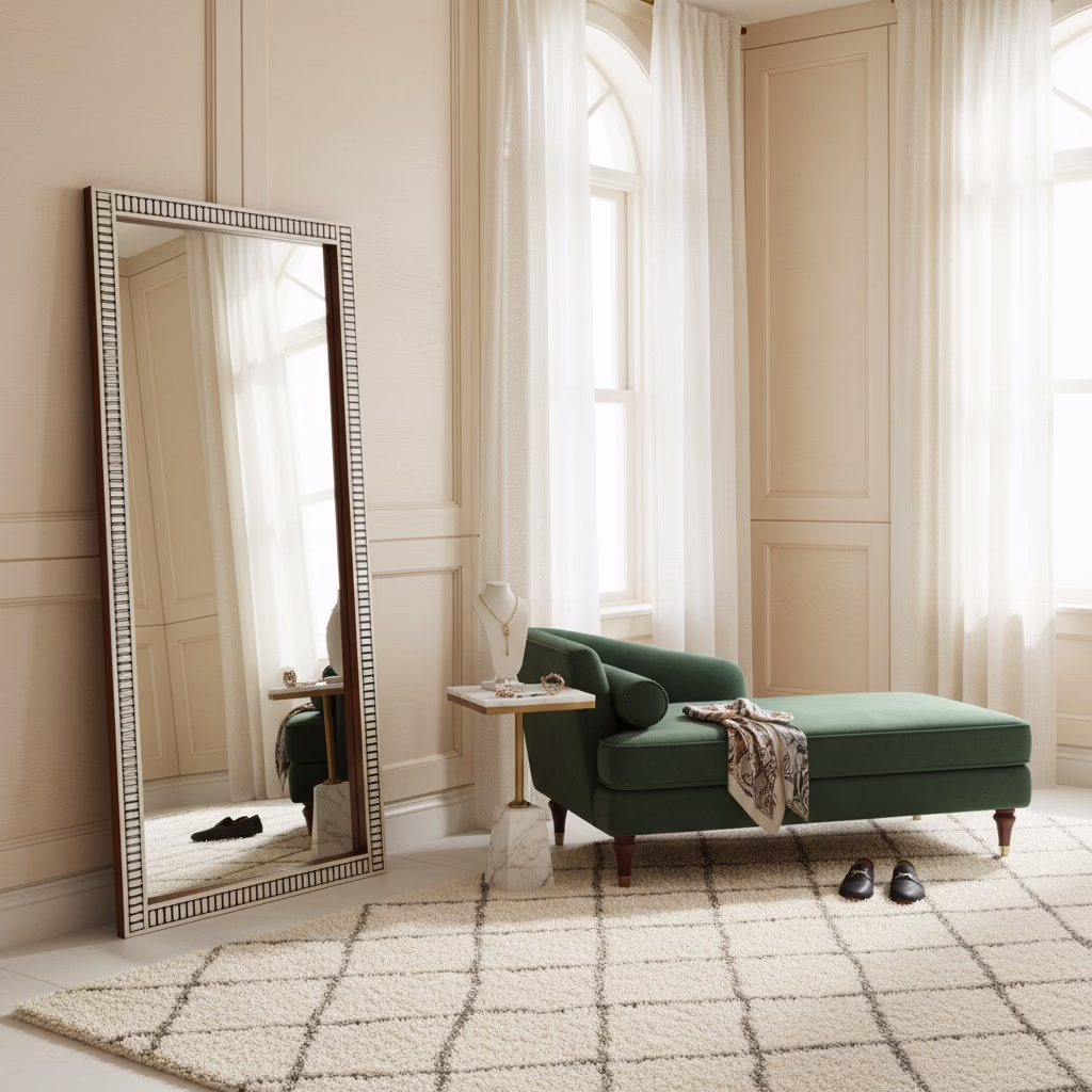 Prajna Bone Inlay Floor Mirror 36" x 88" 6 Prajna Bone Inlay Floor Mirror positioned beside upholstered seating in a refined bedroom