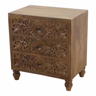Sumatra Hand Carved Three Drawer Nightstand, Heirloom Patina