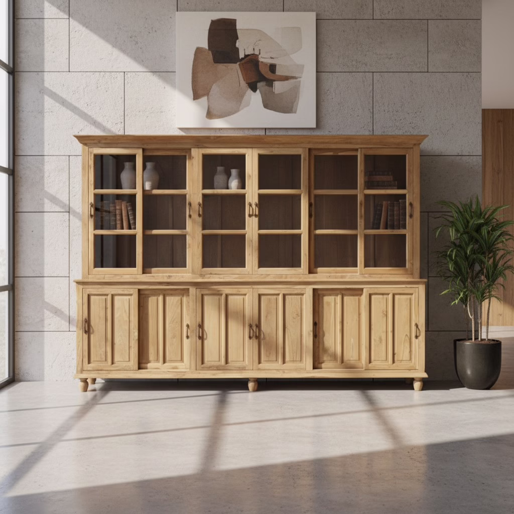 Arnhem 120" Hand Crafted Teak Wood Display Cabinet 8 Front elevation of Solid Teak Display Cabinet with glass display doors and concealed lower storage