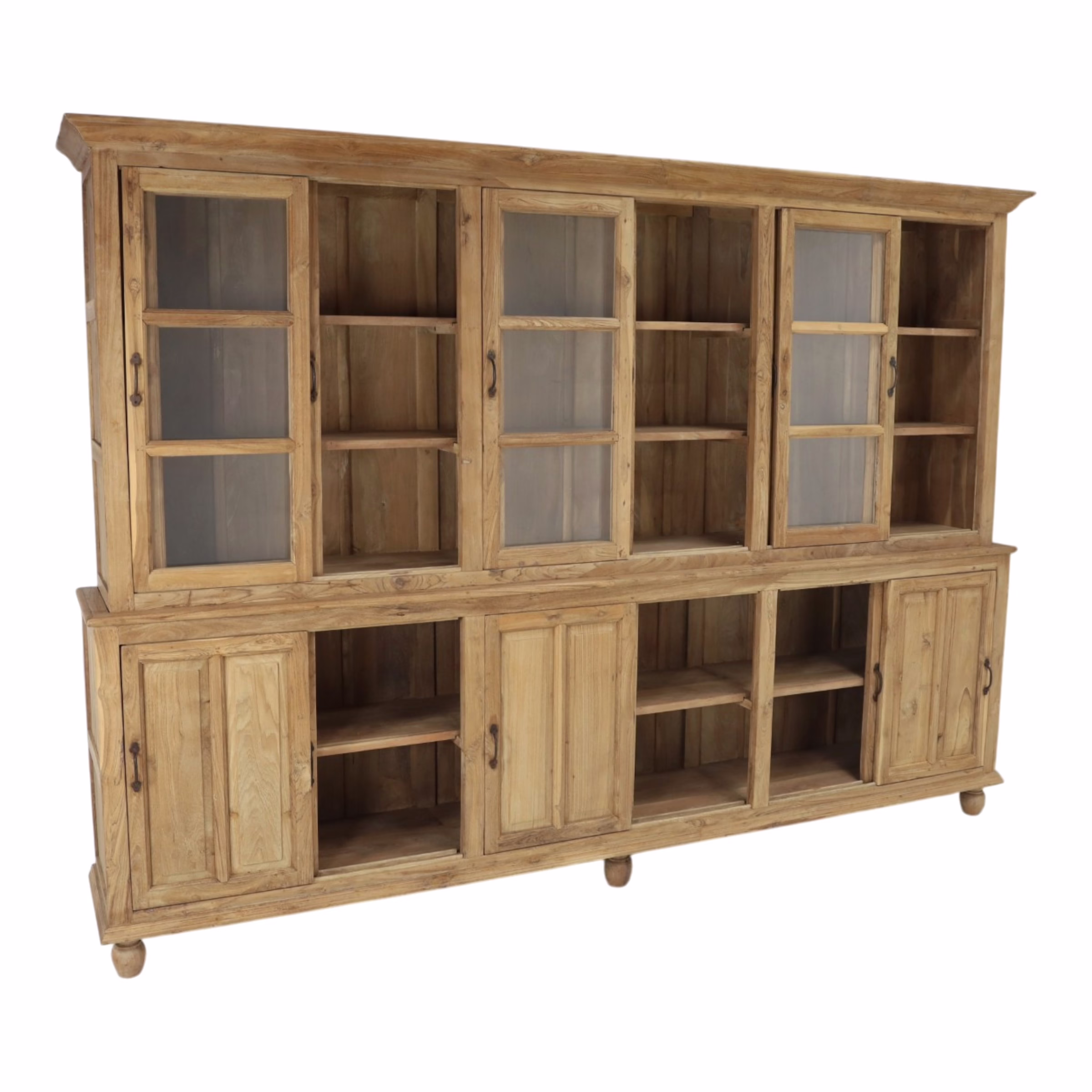 Arnhem 120" Hand Crafted Teak Wood Display Cabinet 7 Open angle view of Solid Teak Display Cabinet showing shelving layout and display organization