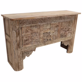Detailed artisan carving patterns on a Hand Carved Reclaimed Teak Console Table