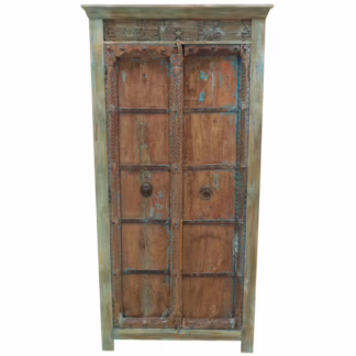 Reclaimed teak storage cabinet with antique carved doors and weathered turquoise patina