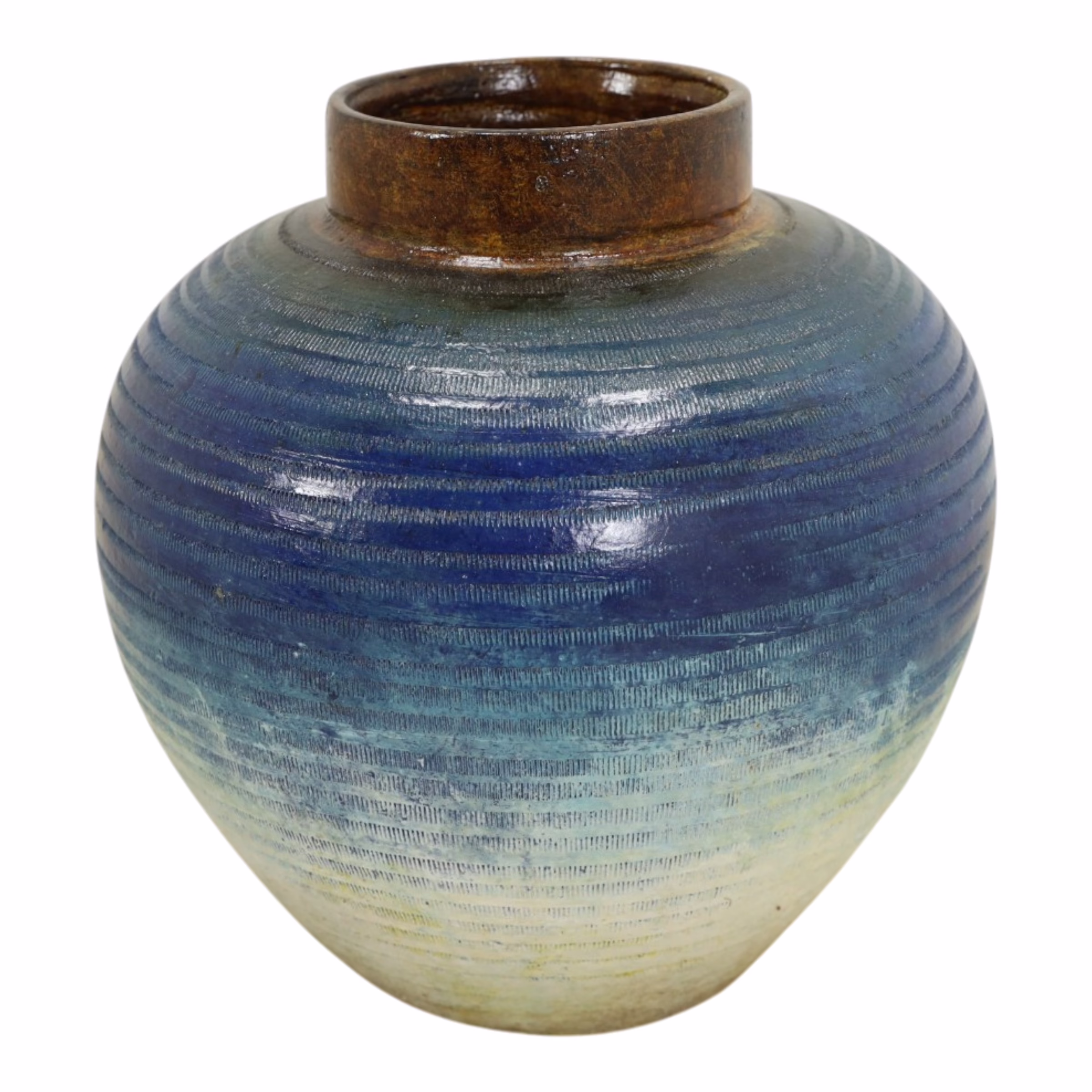 Handmade Terracotta Vase, MXG 486 3 Blue Ombre Terracotta Vase showing artisan blue glaze variation