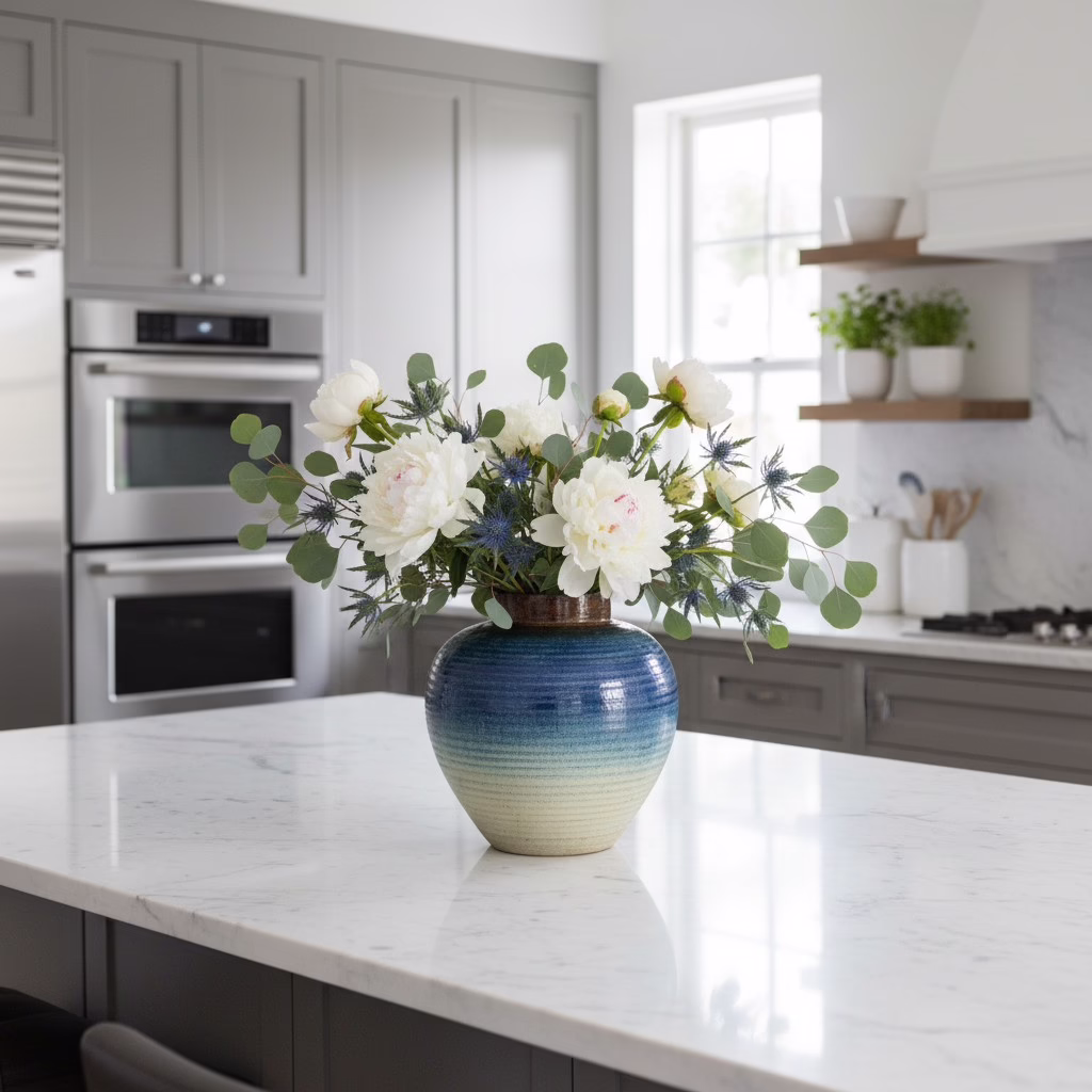 Handmade Terracotta Vase, MXG 486 7 Blue Ombre Terracotta Vase styled with greenery and floral stems in a bright kitchen