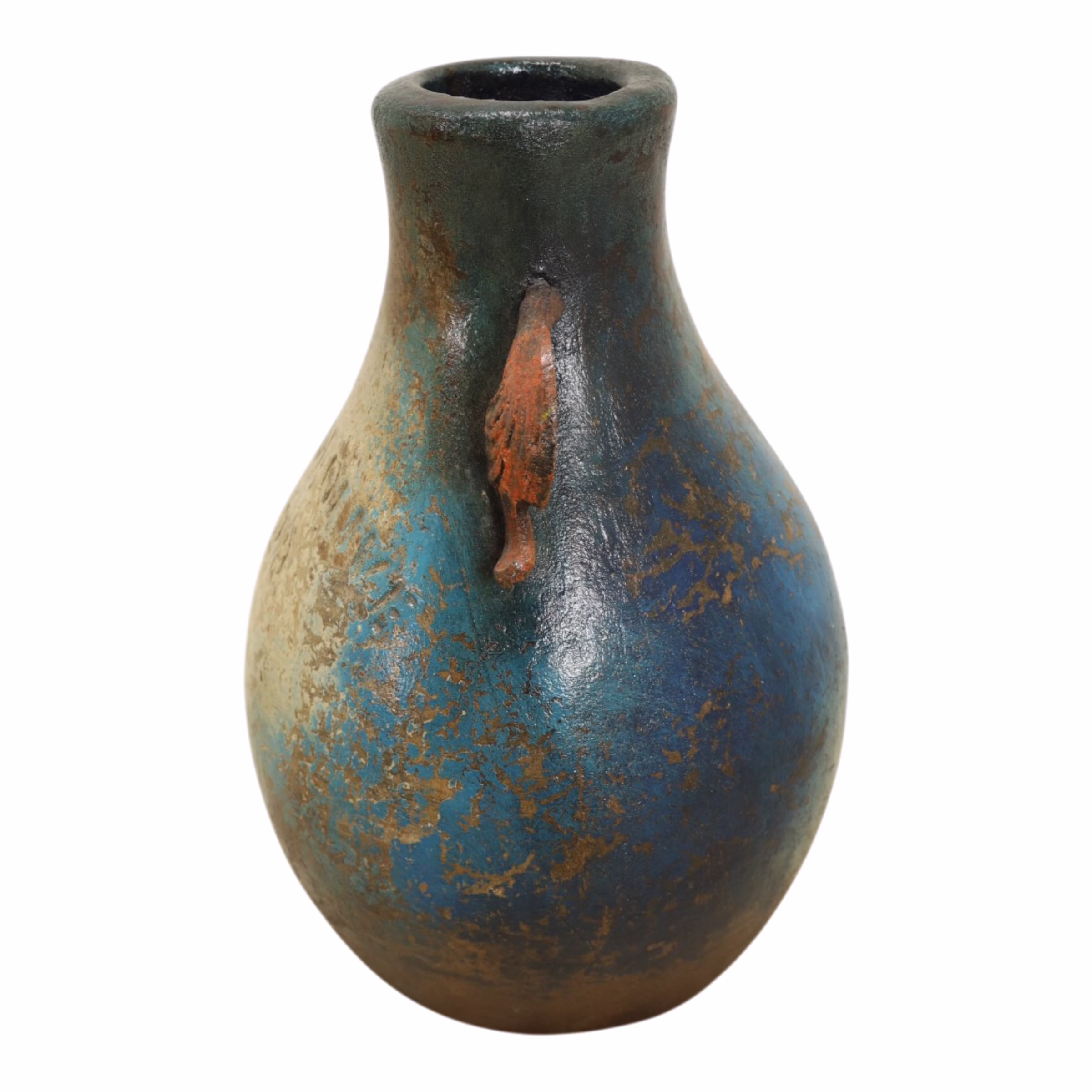 Handmade Blue Terracotta Vase with Iron Handles, MXG 487 3 Blue terracotta vase with iron handles displaying distressed markings and artisan texture