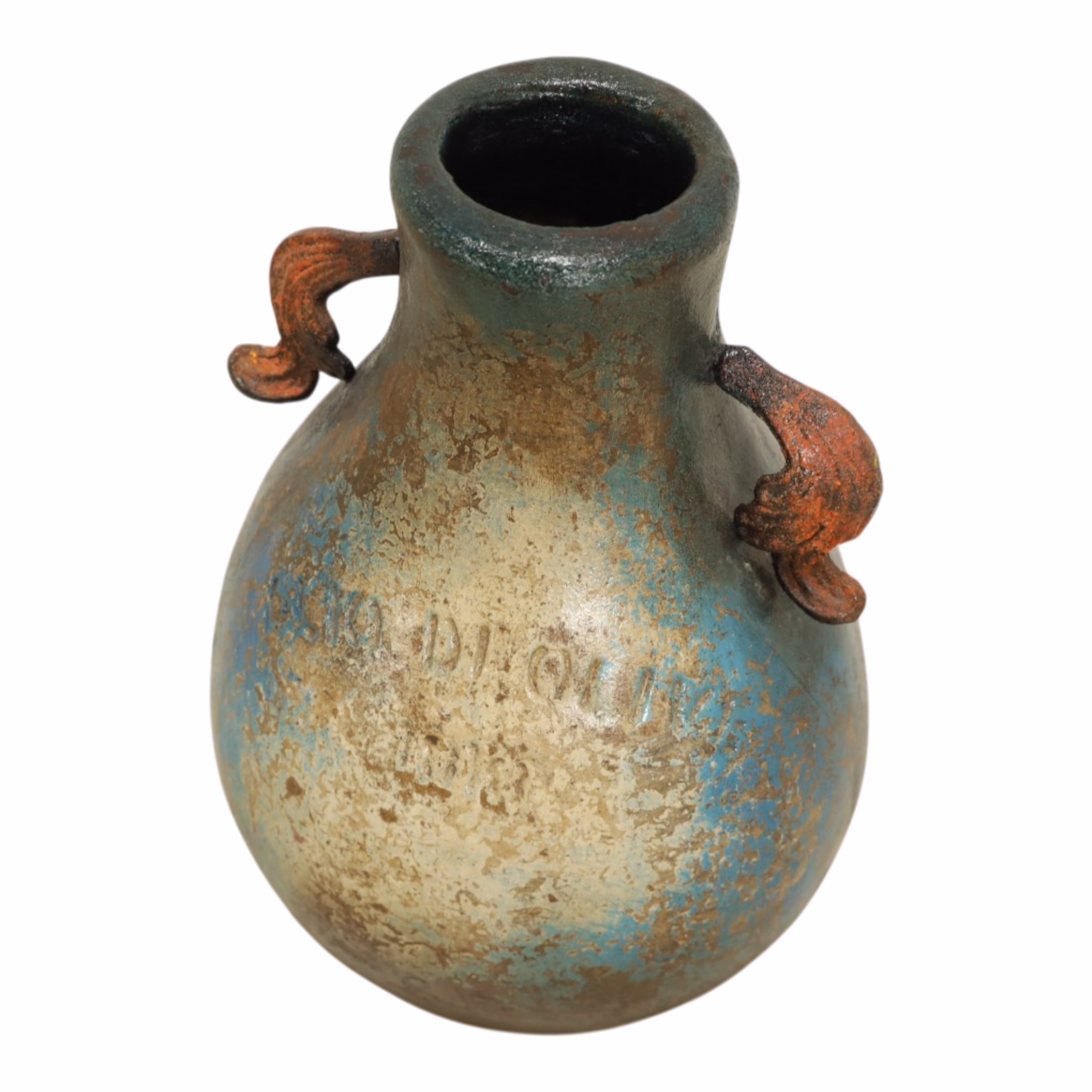 Handmade Blue Terracotta Vase with Iron Handles, MXG 487 10 Detailed view of blue terracotta vase with iron handles highlighting sculpted iron accents