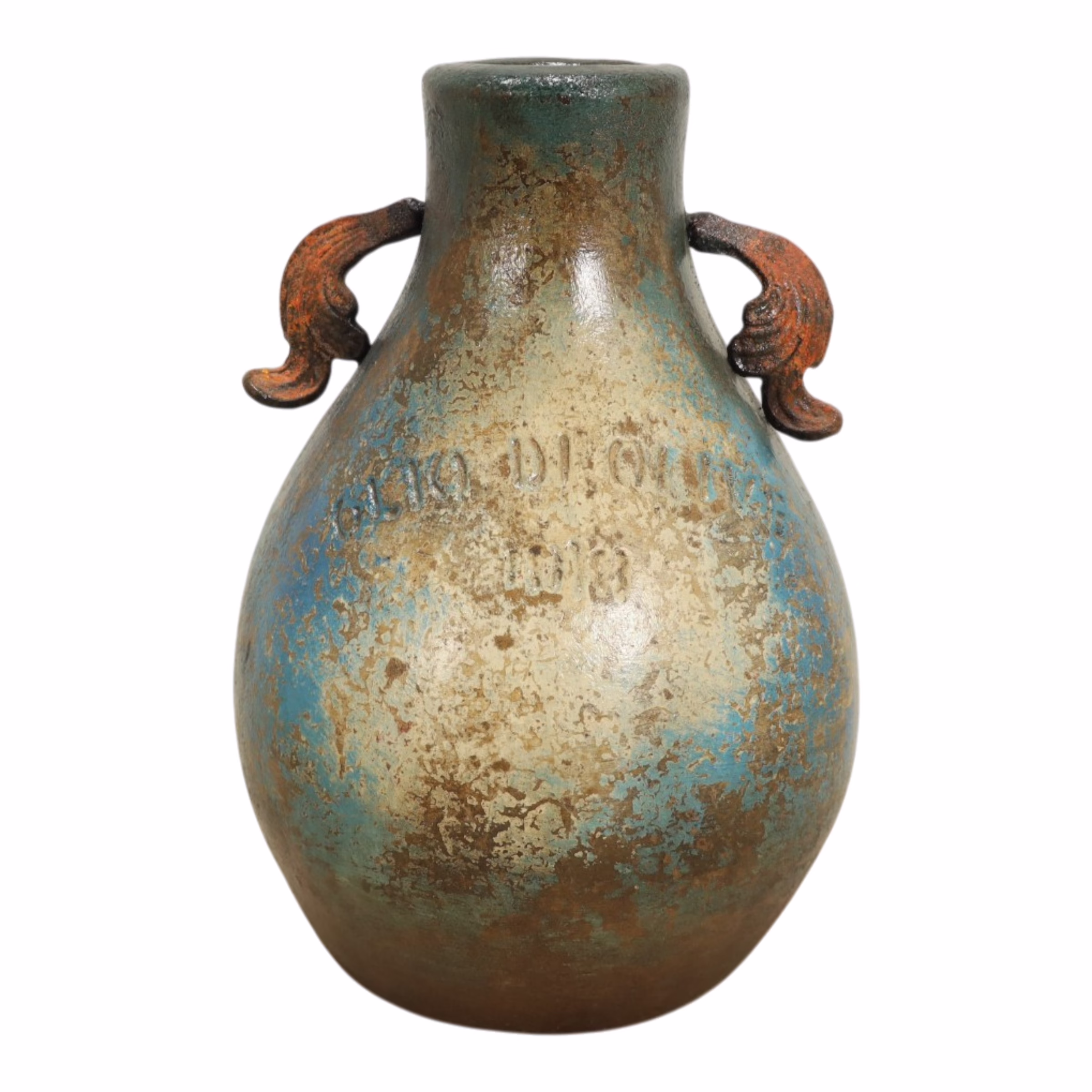 Handmade Blue Terracotta Vase with Iron Handles, MXG 487 9 Front profile of blue terracotta vase with iron handles showing artisan craftsmanship