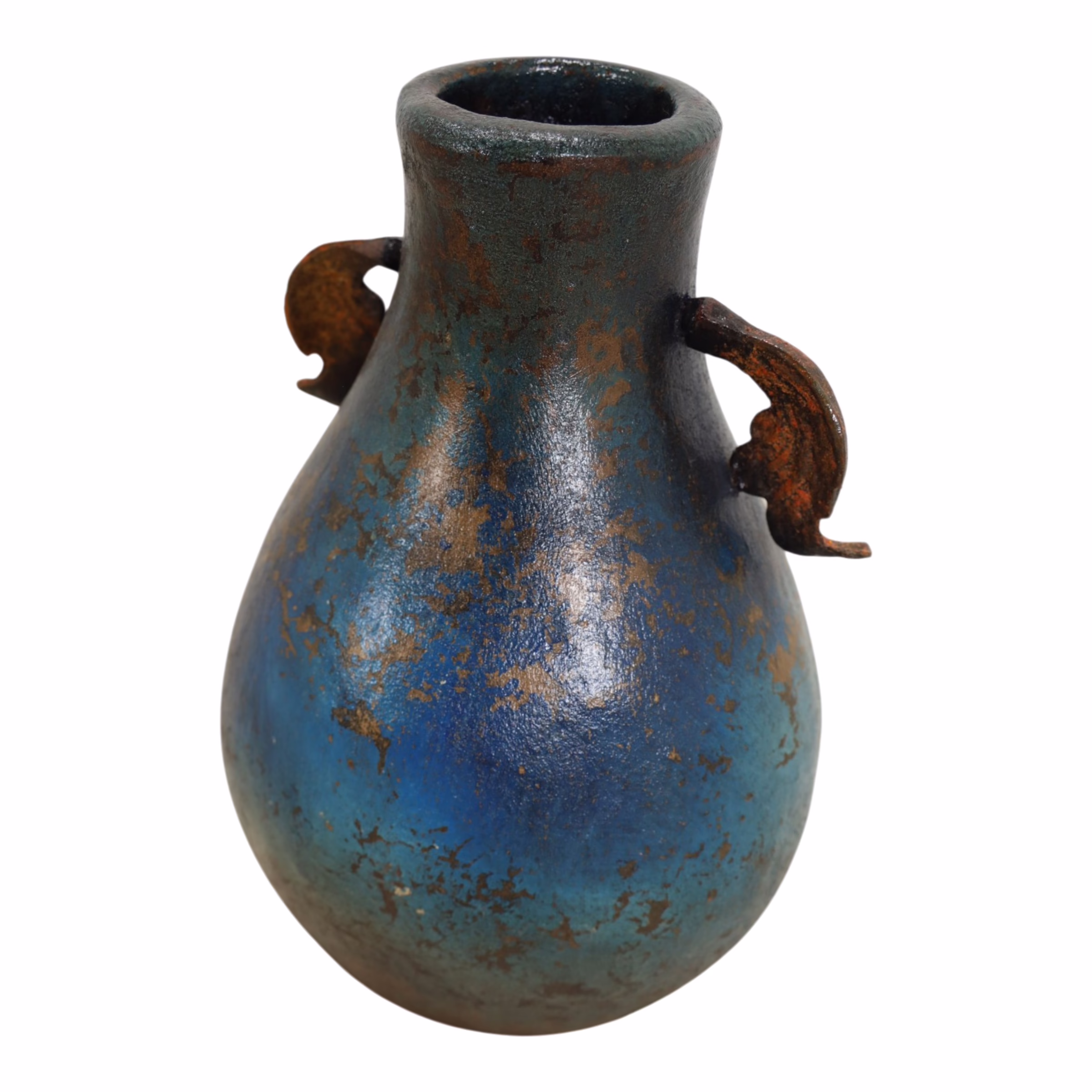 Handmade Blue Terracotta Vase with Iron Handles, MXG 487 7 Angled view of blue terracotta vase with iron handles showing layered blue and bronze patina