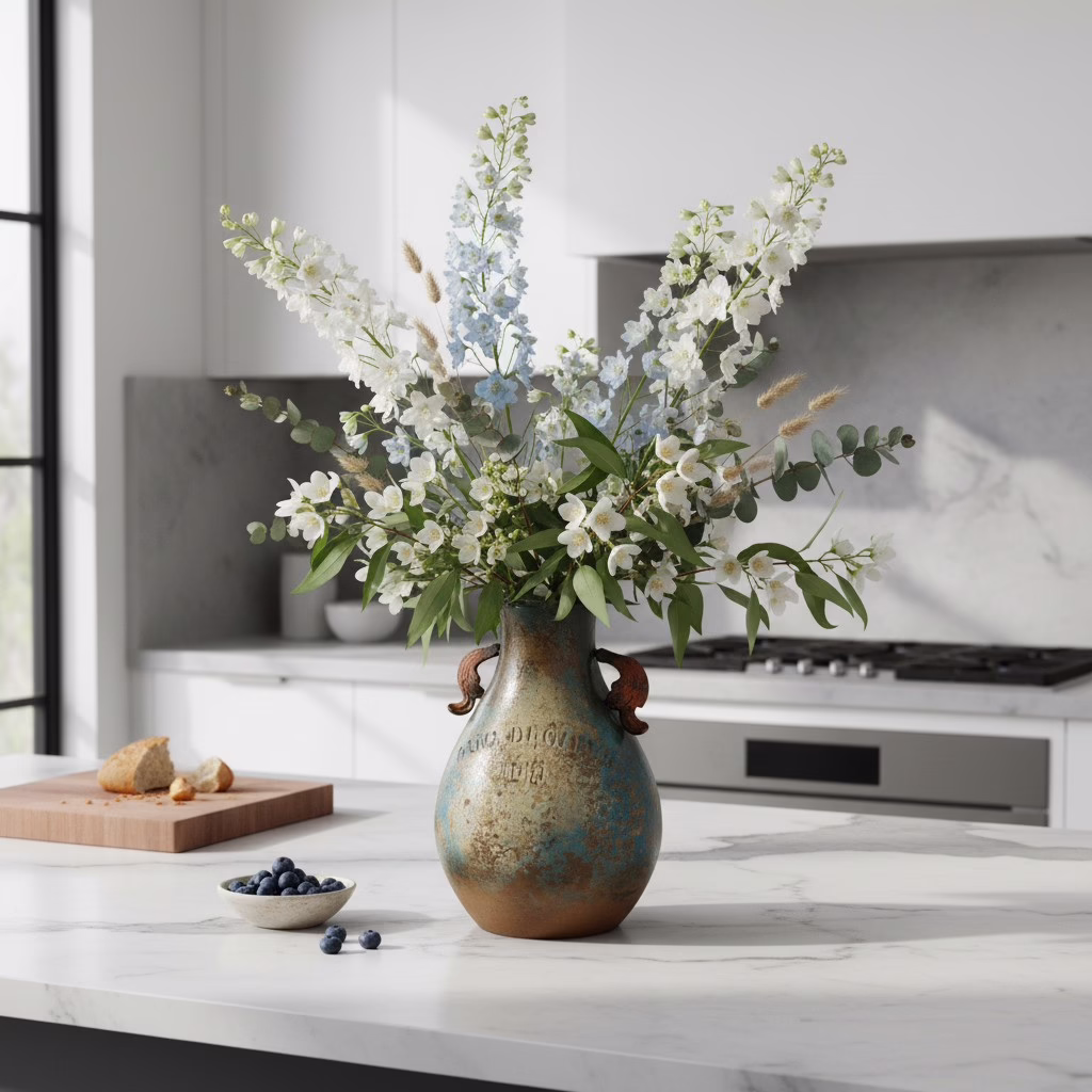 Handmade Blue Terracotta Vase with Iron Handles, MXG 487 6 Blue terracotta vase with iron handles styled as a kitchen island centerpiece with floral stems