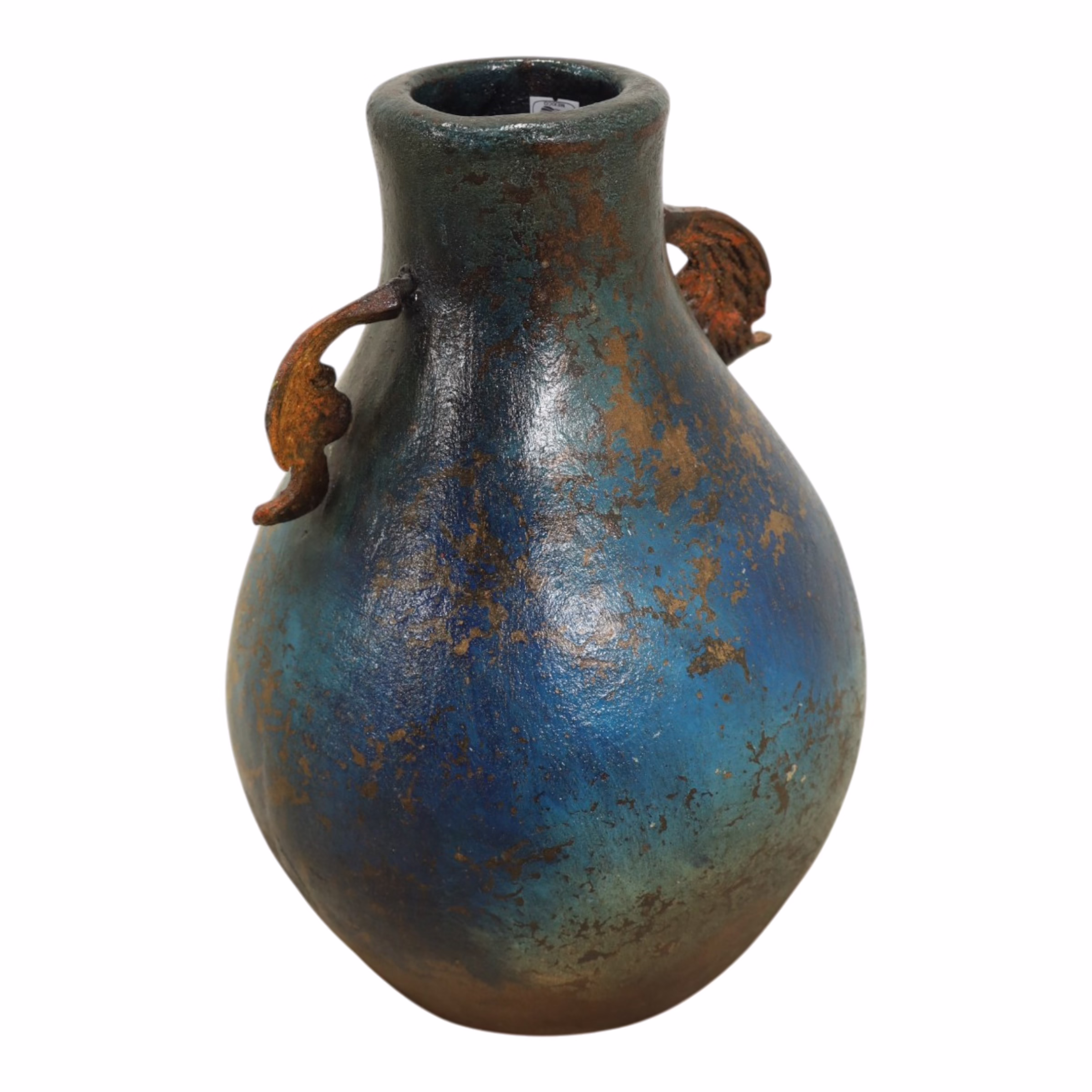 Handmade Blue Terracotta Vase with Iron Handles, MXG 487 4 Rear view of blue terracotta vase with iron handles displaying weathered blue patina variation