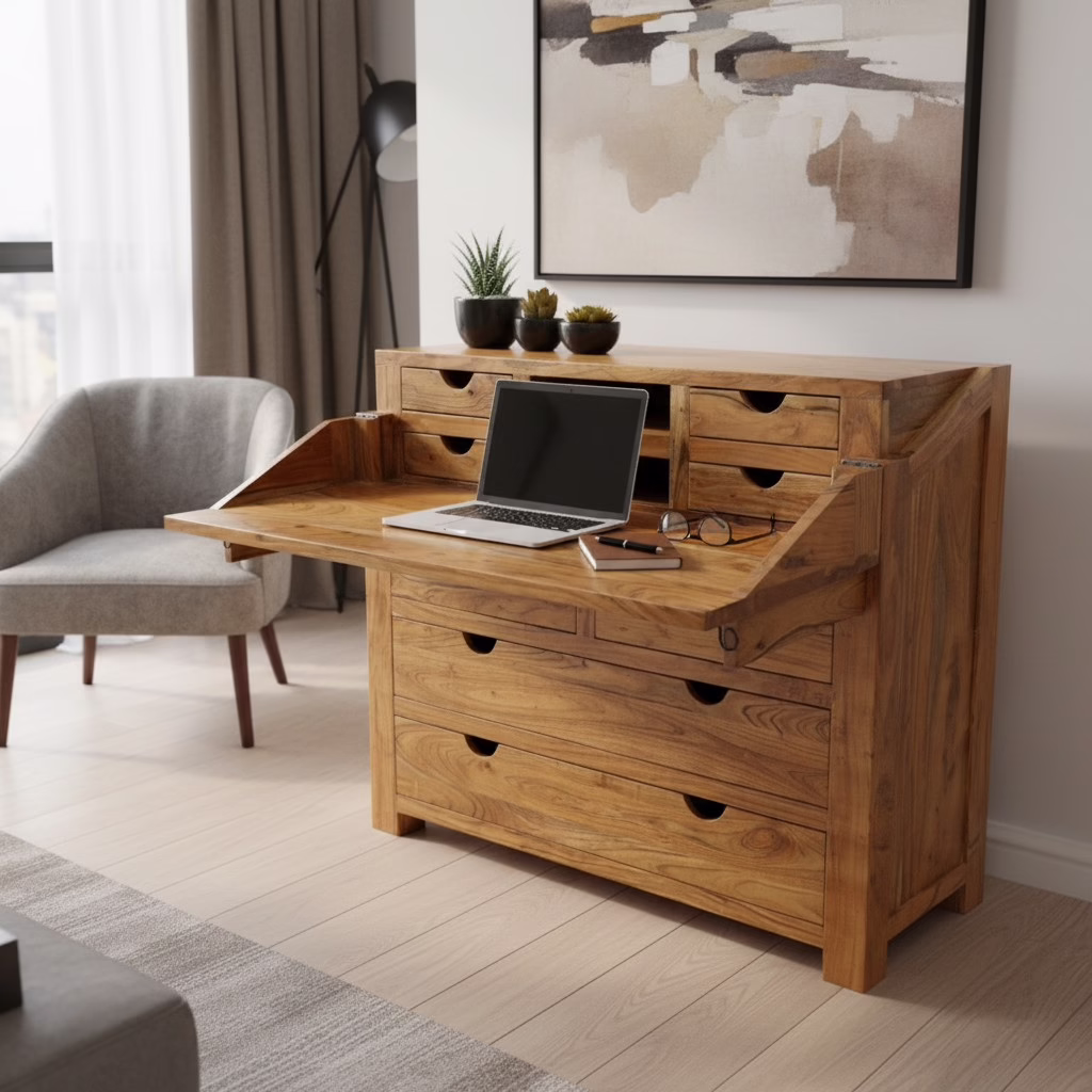 Boyer Storage Desk with 8 Drawers 11 Solid Wood Secretary Desk used as a hidden desk and compact home office workstation