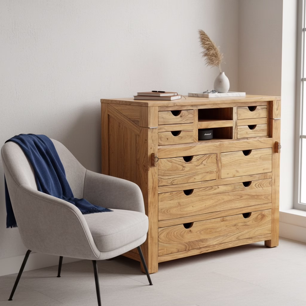 Boyer Storage Desk with 8 Drawers 4 Solid Wood Secretary Desk styled in a living room with accent chair and decorative accessories