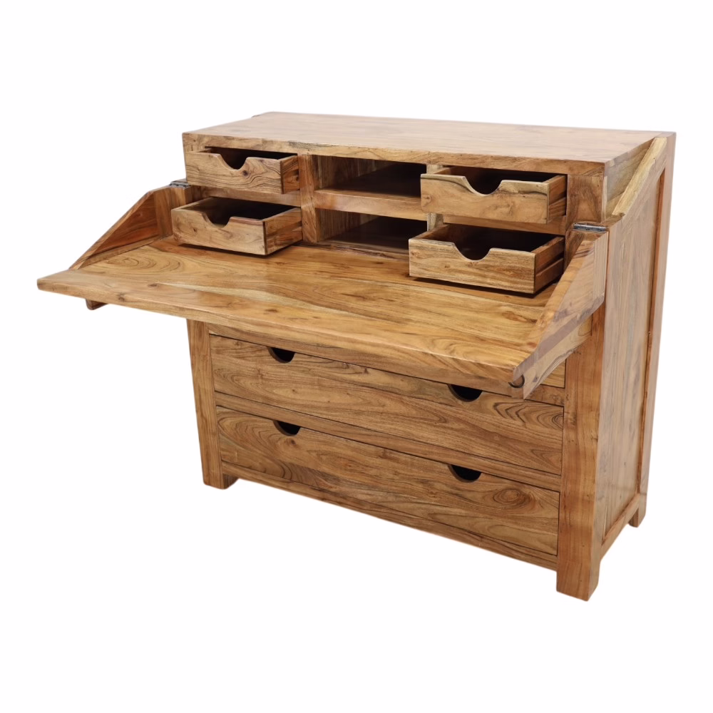 Boyer Storage Desk with 8 Drawers 13 Solid Wood Secretary Desk with flip down workstation open showing writing surface and storage compartments