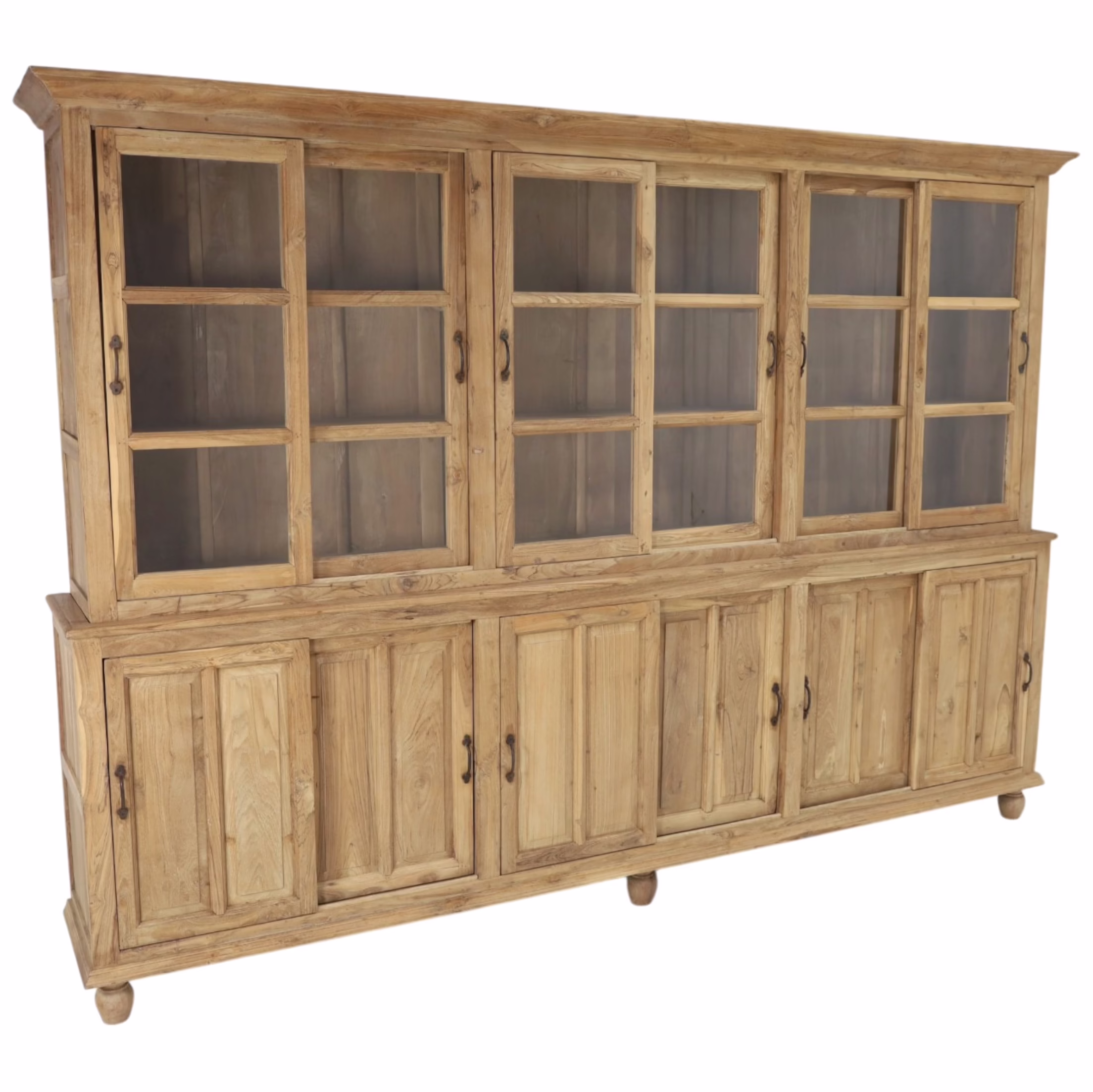 Arnhem 120" Hand Crafted Teak Wood Display Cabinet 3 Three quarter view of Solid Teak Display Cabinet showing architectural scale and reclaimed teak construction