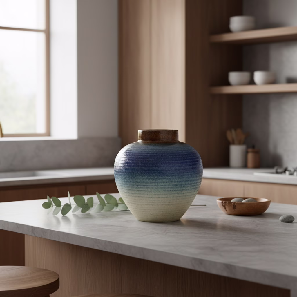 Handmade Terracotta Vase, MXG 486 6 Blue Ombre Terracotta Vase styled with white florals on a modern kitchen countertop