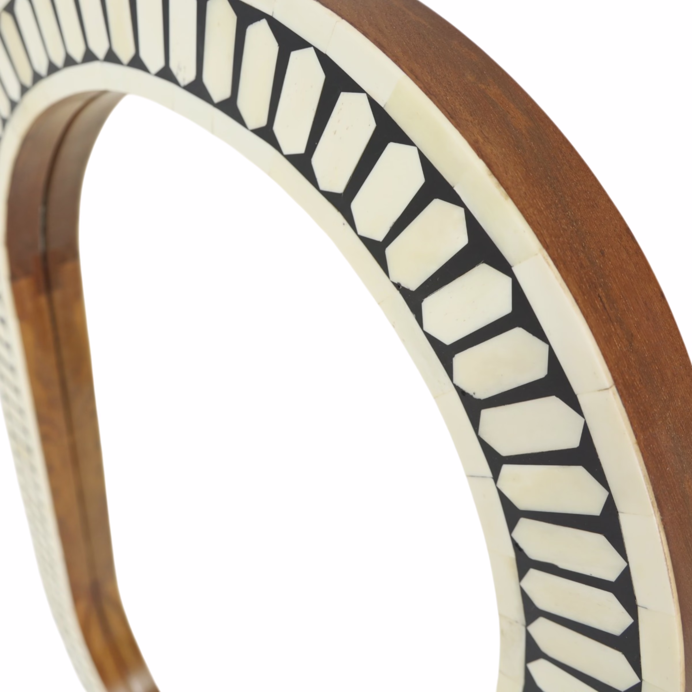 Dhaka Handcrafted Bone Inlay Wall Mirror 24" x 40" 6 Bone Inlay Oval Wall Mirror close up showing handcrafted geometric inlay