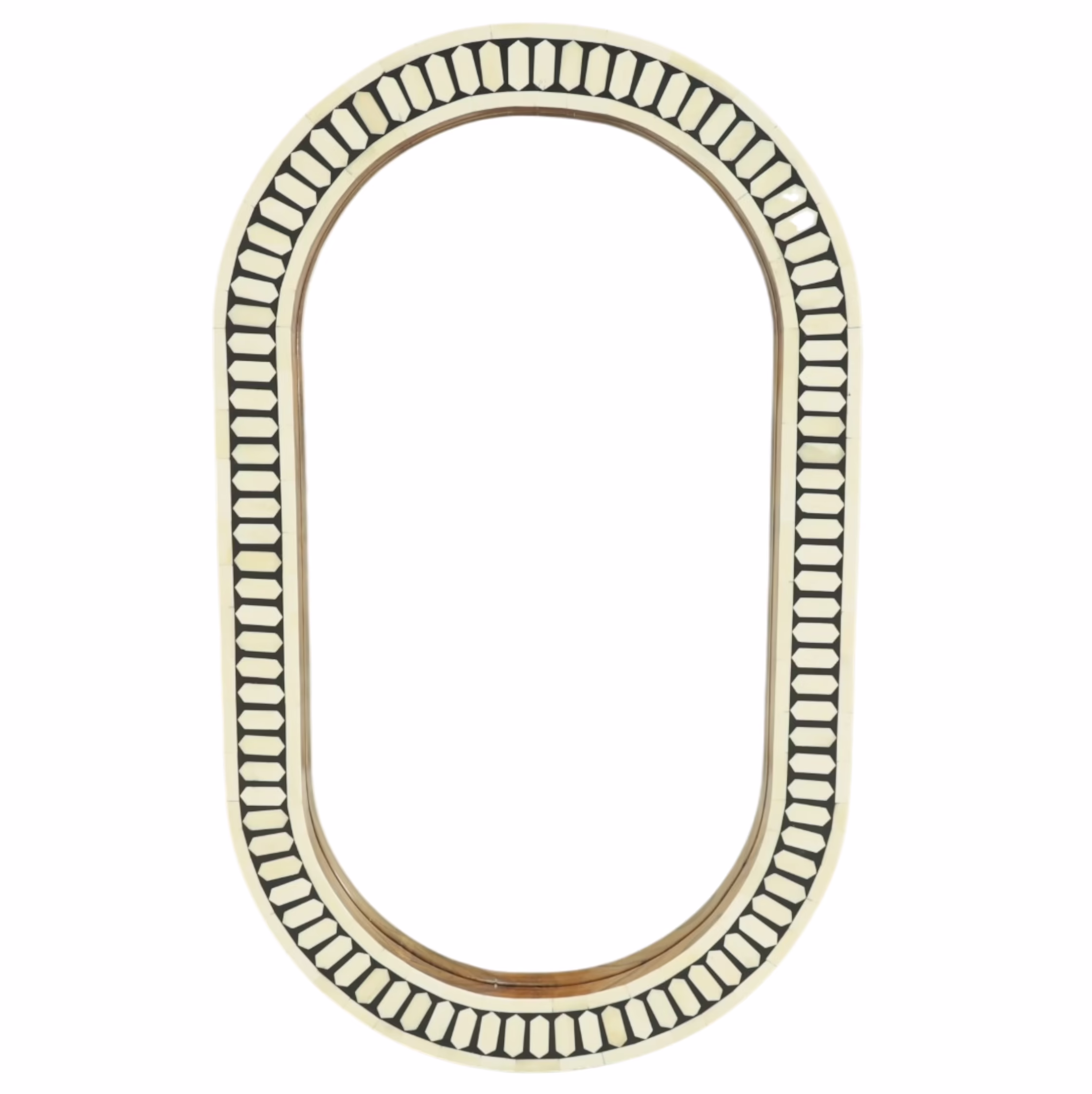 Dhaka Handcrafted Bone Inlay Wall Mirror 24" x 40" 1 Bone Inlay Oval Wall Mirror handcrafted with geometric artisan detailing