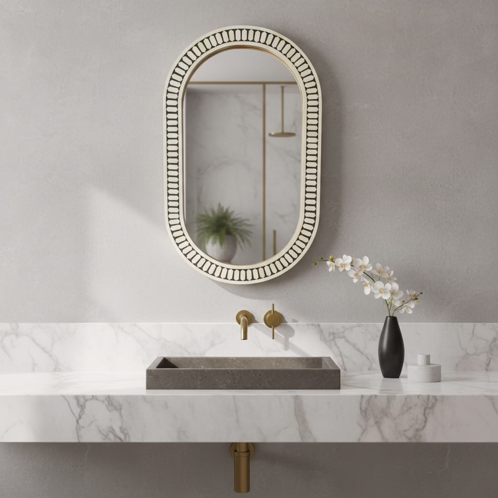 Dhaka Handcrafted Bone Inlay Wall Mirror 24" x 40" 5 Bone Inlay Oval Wall Mirror styled above a floating marble bathroom sink