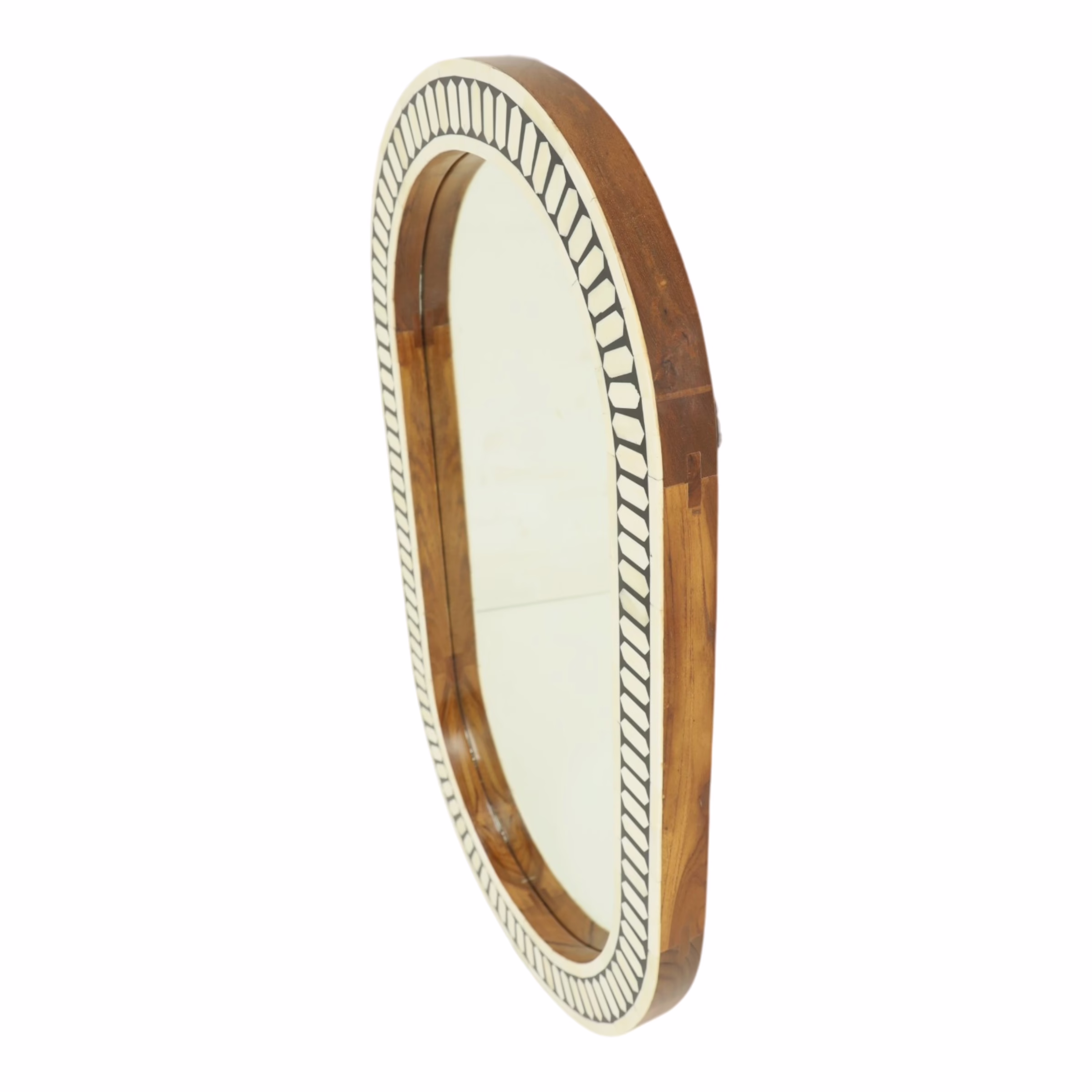 Dhaka Handcrafted Bone Inlay Wall Mirror 24" x 40" 3 Bone Inlay Oval Wall Mirror side profile showing wood frame depth