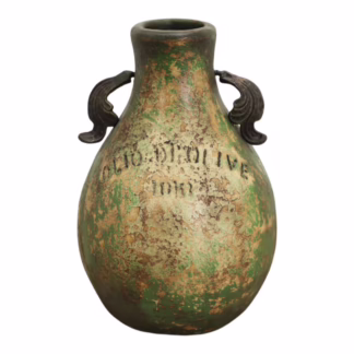 Front view of Green Terracotta Vase with decorative iron handles and aged finish