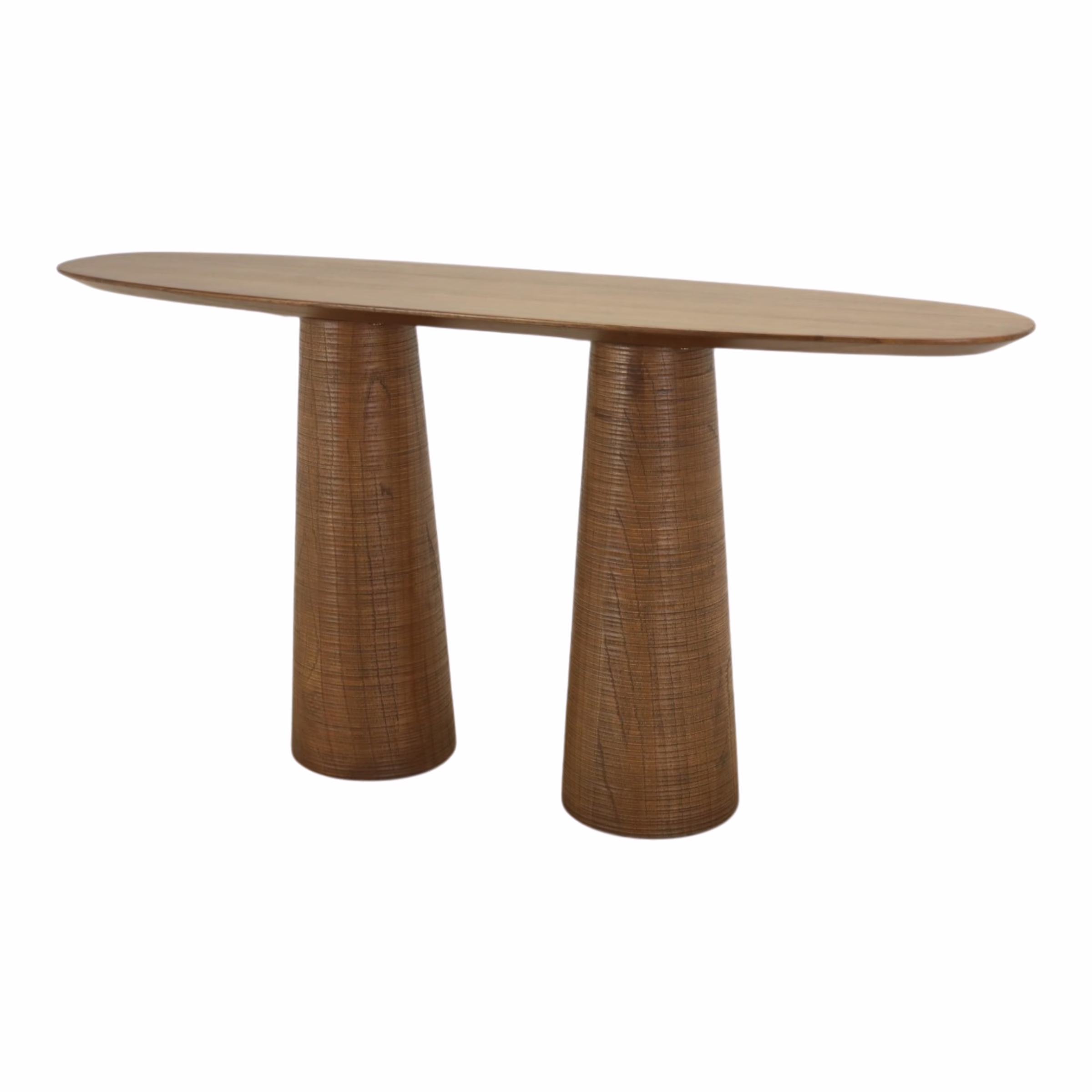 Kenji 64" Solid Wood Console Table 17 Kenji Sculptural Console Table with elongated surfboard top and tapered pillar bases