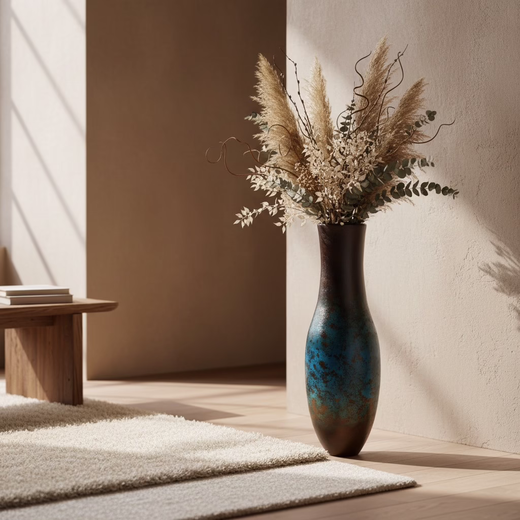 Handmade Tall Terracotta Floor Vase, MXG 490 5 all Terracotta Floor Vase beside accent furniture demonstrating room scale and proportion