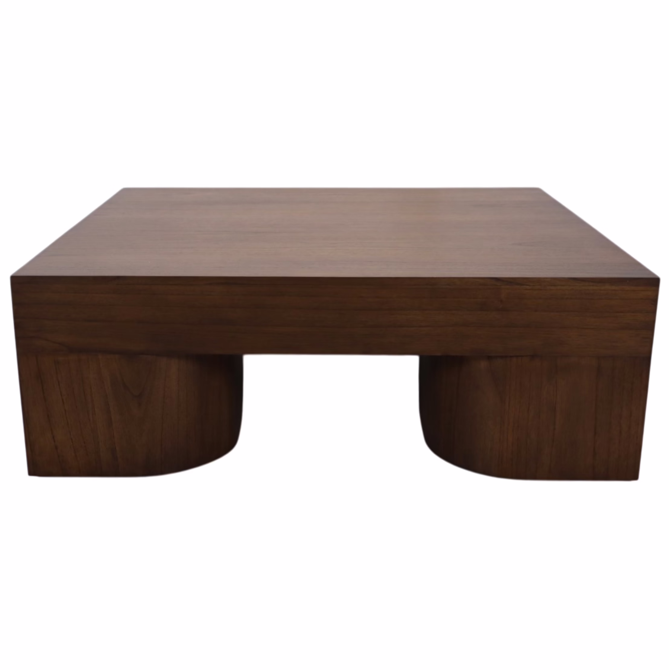 Leilani 48" Square Coffee Table, Warm Walnut 1 Square walnut finish coffee table with oversized curved pedestal supports and sculptural architectural silhouette