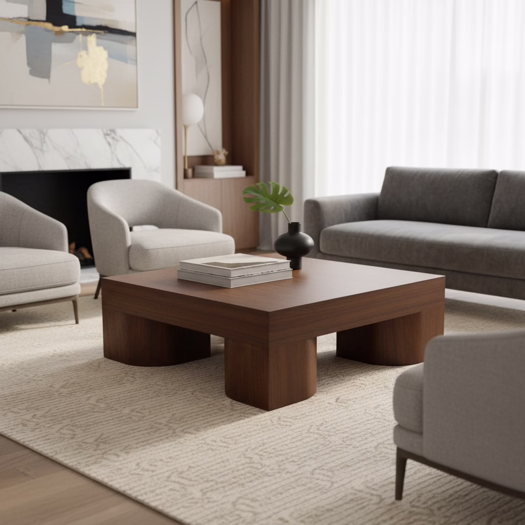 Leilani 48" Square Coffee Table, Warm Walnut 6 Sculptural Walnut Coffee Table Leilani styled in a contemporary living room