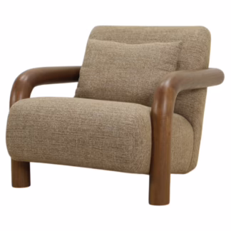 Three quarter view of Modern Wood Frame Accent Chair Nahla featuring sculptural walnut finished frame