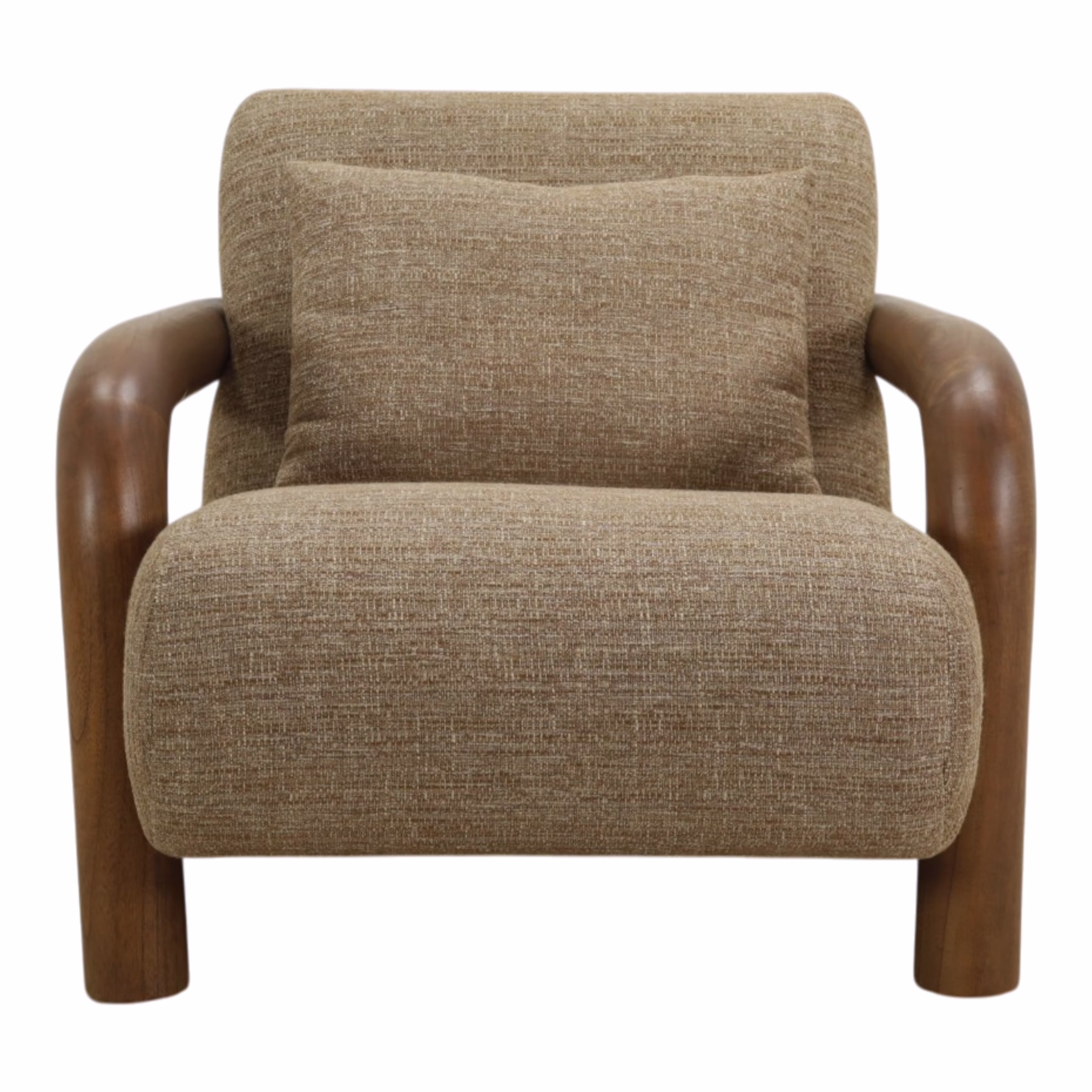 Nahla Upholstered Accent Chair, Brown 3 Front view of Modern Wood Frame Accent Chair Nahla showing supportive seating and sculptural wood arms