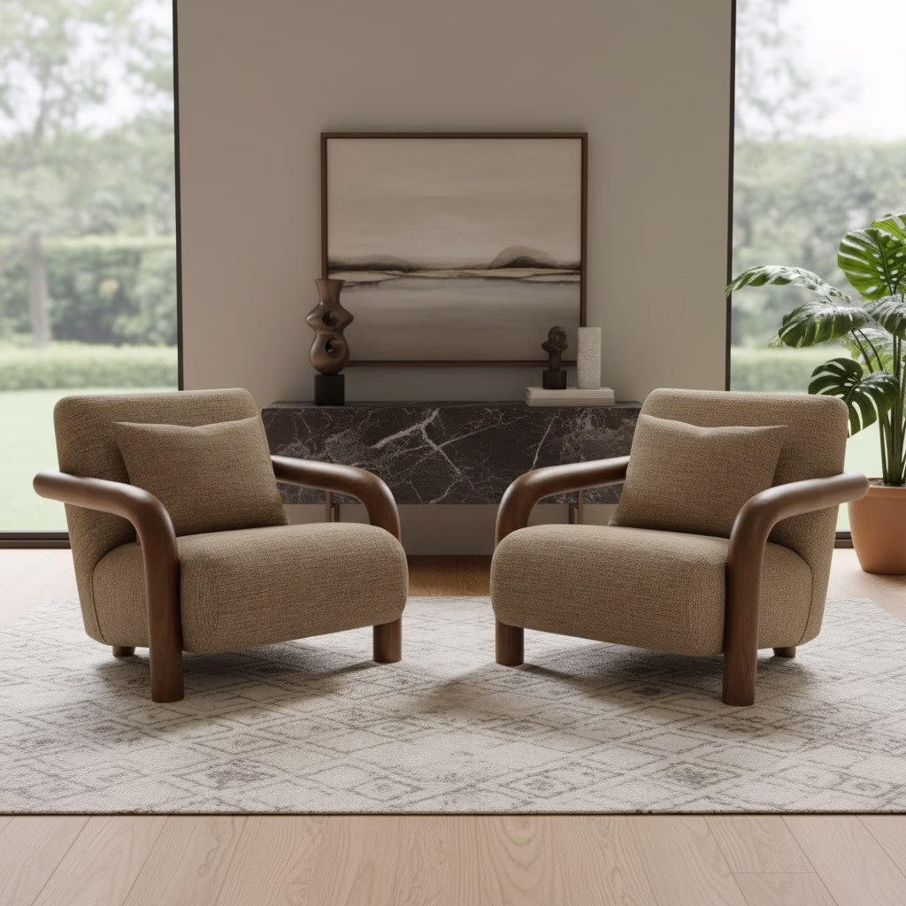 Nahla Upholstered Accent Chair, Brown 2 Pair of Nahla upholstered arm chairs with exposed wood frames styled in a contemporary living room