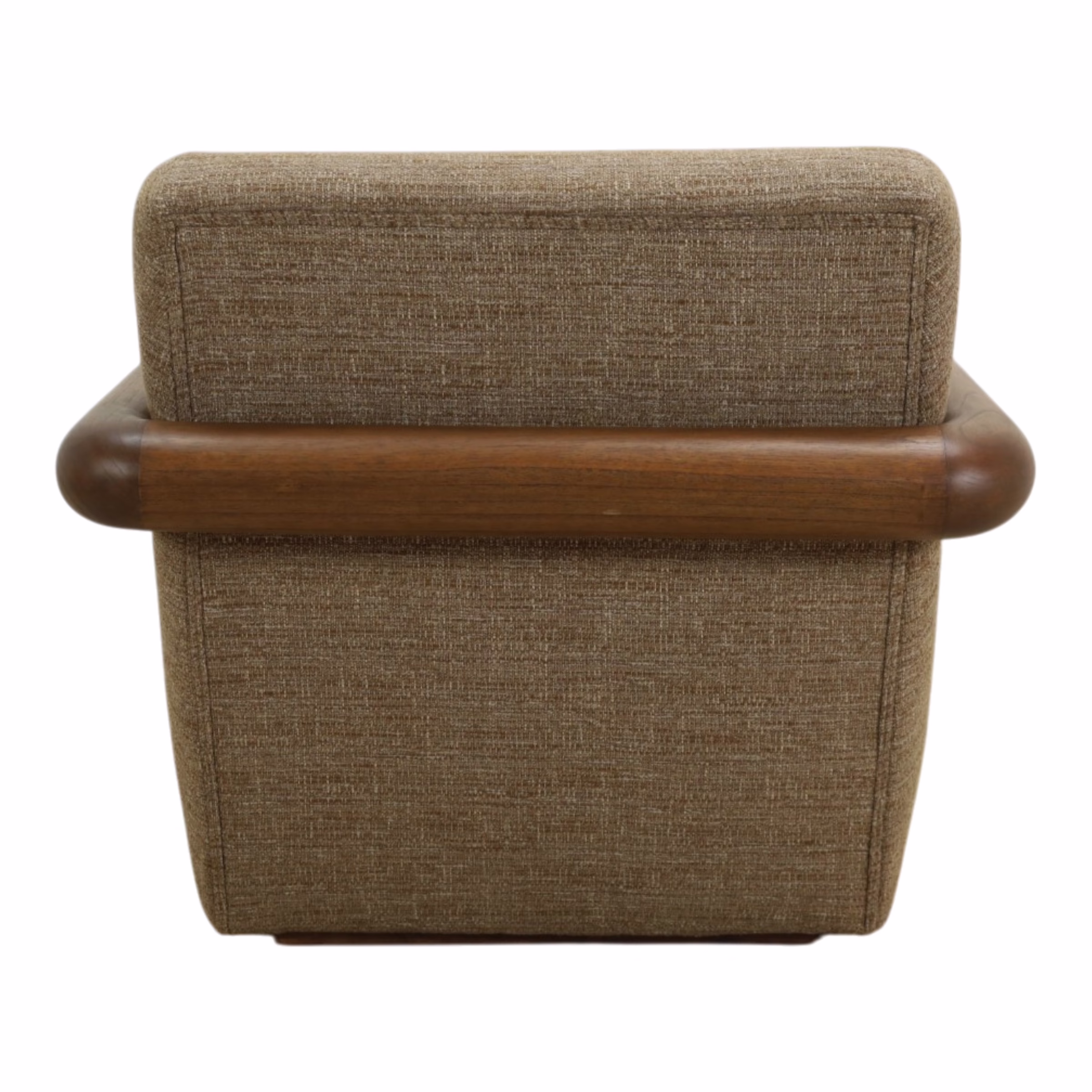 Nahla Upholstered Accent Chair, Brown 10 Rear perspective of Modern Wood Frame Accent Chair Nahla with visible wood craftsmanship