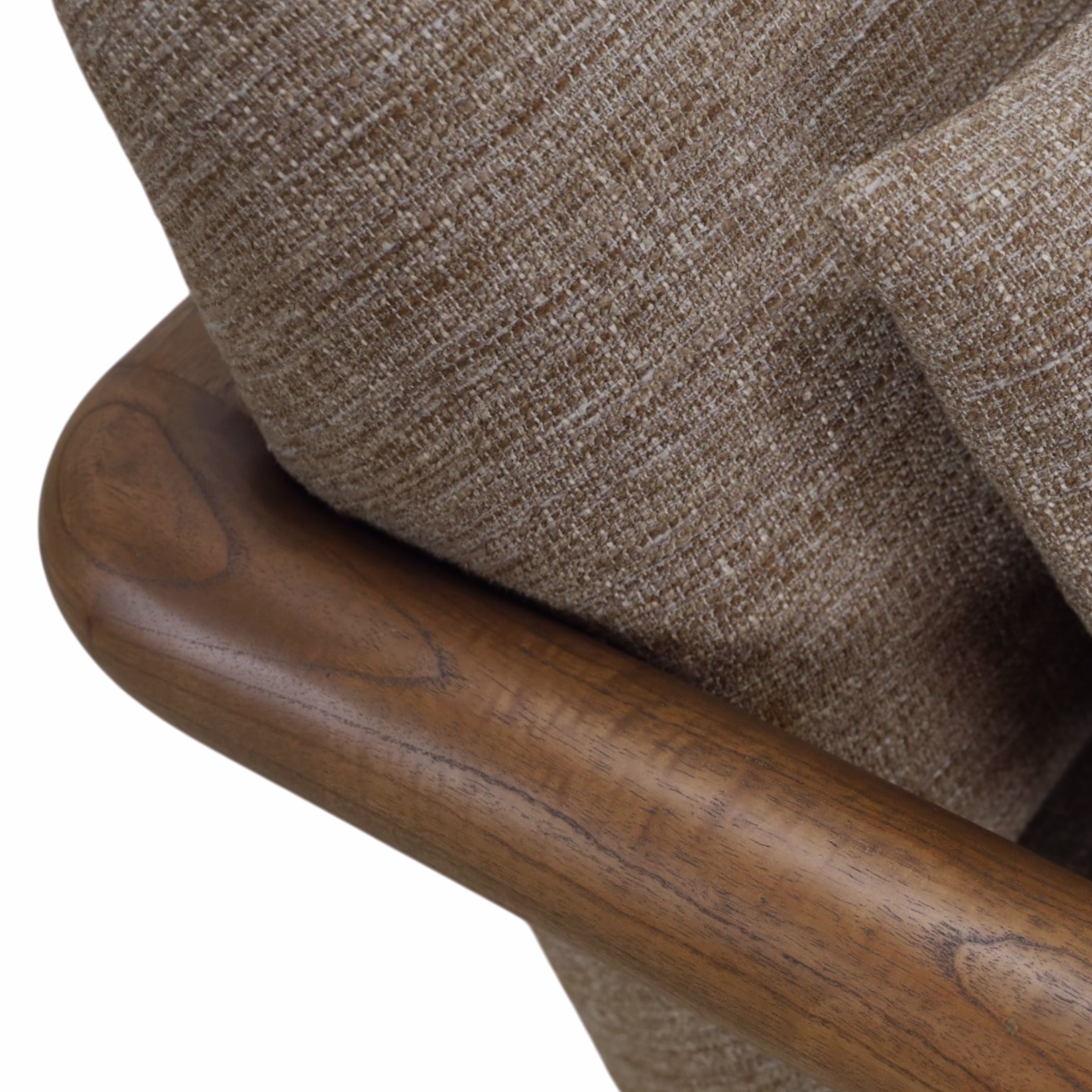 Nahla Upholstered Accent Chair, Brown 9 Close up of Modern Wood Frame Accent Chair Nahla exposed solid wood frame detail