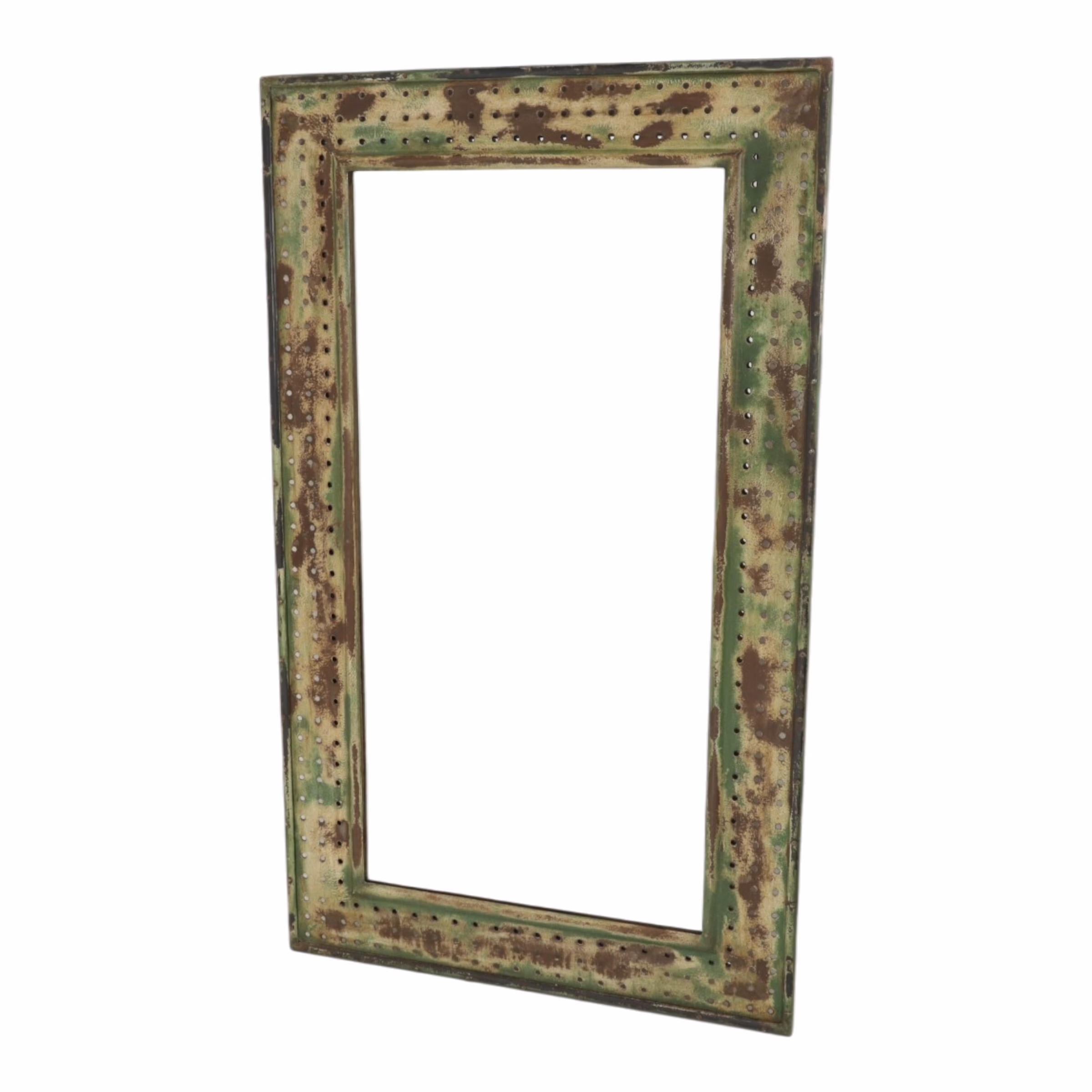 Oran Hand Painted Wall Mirror 36" x 59" 2 Patina Iron Wall Mirror showing depth of iron frame construction from an angled perspective