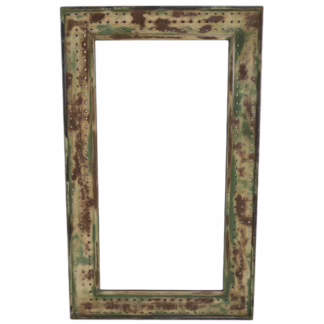 Oran Patina Iron Wall Mirror Architectural Frame with weathered green iron finish and perforated metal detailing