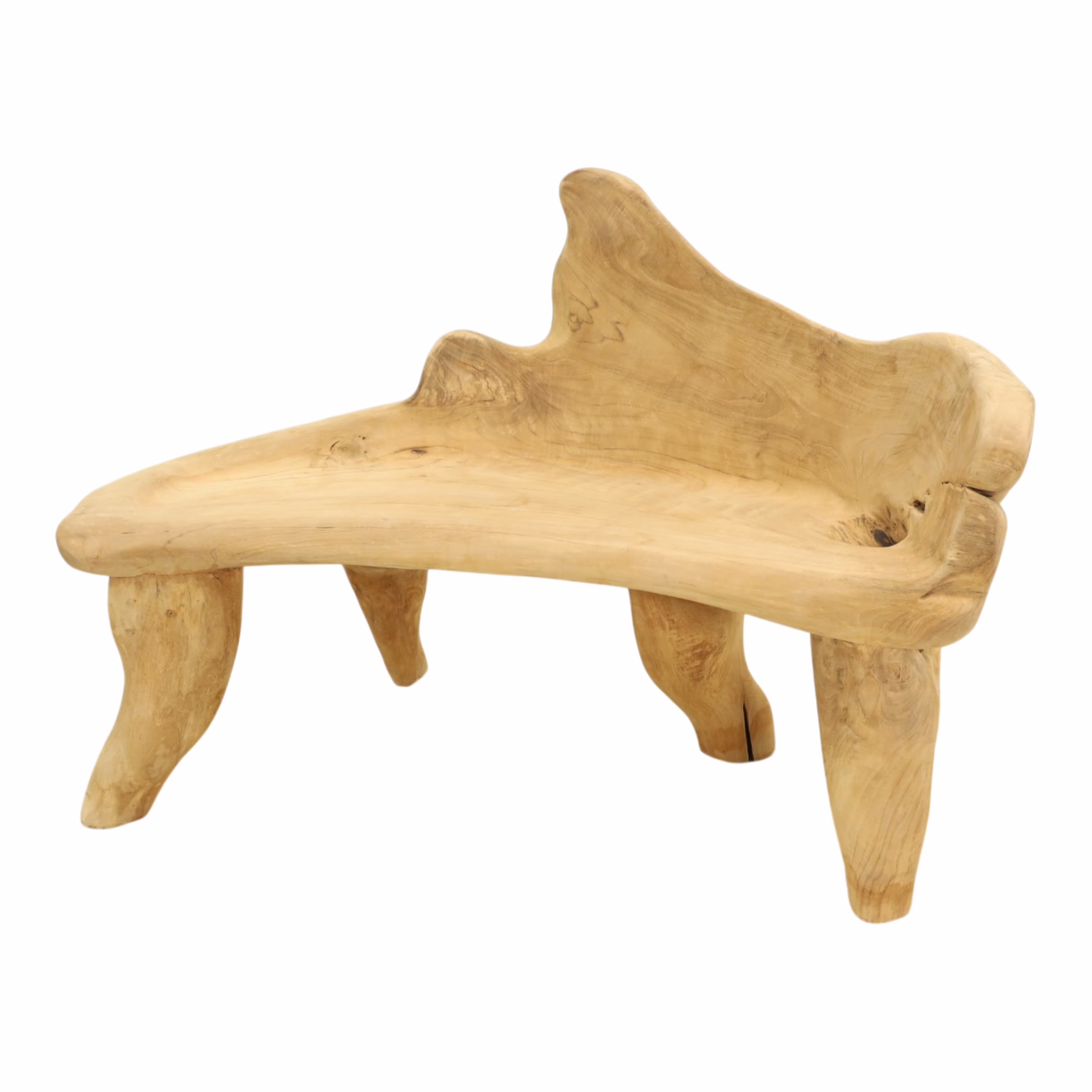 Abstract Organic Teak Root Wood Bench, RIS 902D 4 Organic Teak Root Bench angled view showing handcrafted teak root construction