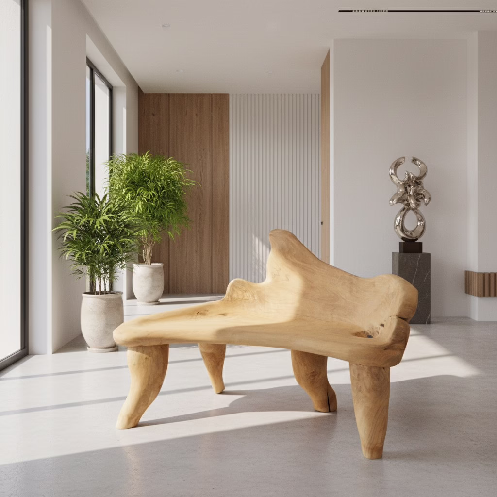 Abstract Organic Teak Root Wood Bench, RIS 902D 15 Organic Teak Root Bench displayed in a contemporary luxury interior