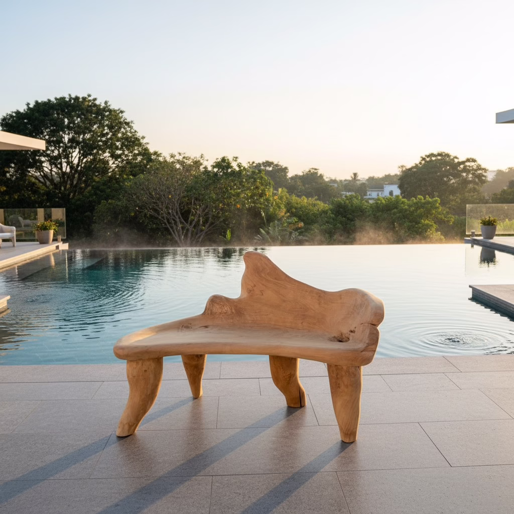 Abstract Organic Teak Root Wood Bench, RIS 902D 13 Organic Teak Root Bench positioned beside a luxury pool setting