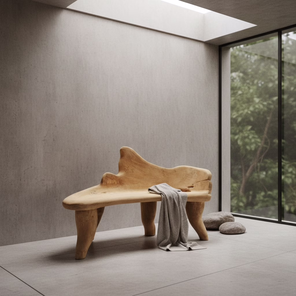 Abstract Organic Teak Root Wood Bench, RIS 902D 11 Organic Teak Root Bench in a serene organic modern environment