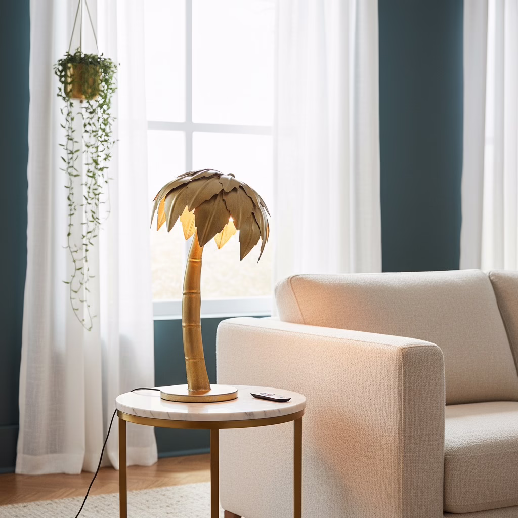 Palm Tree Table Lamp Sculptural Brass Canopy 2 Palm Tree Table Lamp styled beside a sofa with sculptural brass canopy and warm ambient lighting