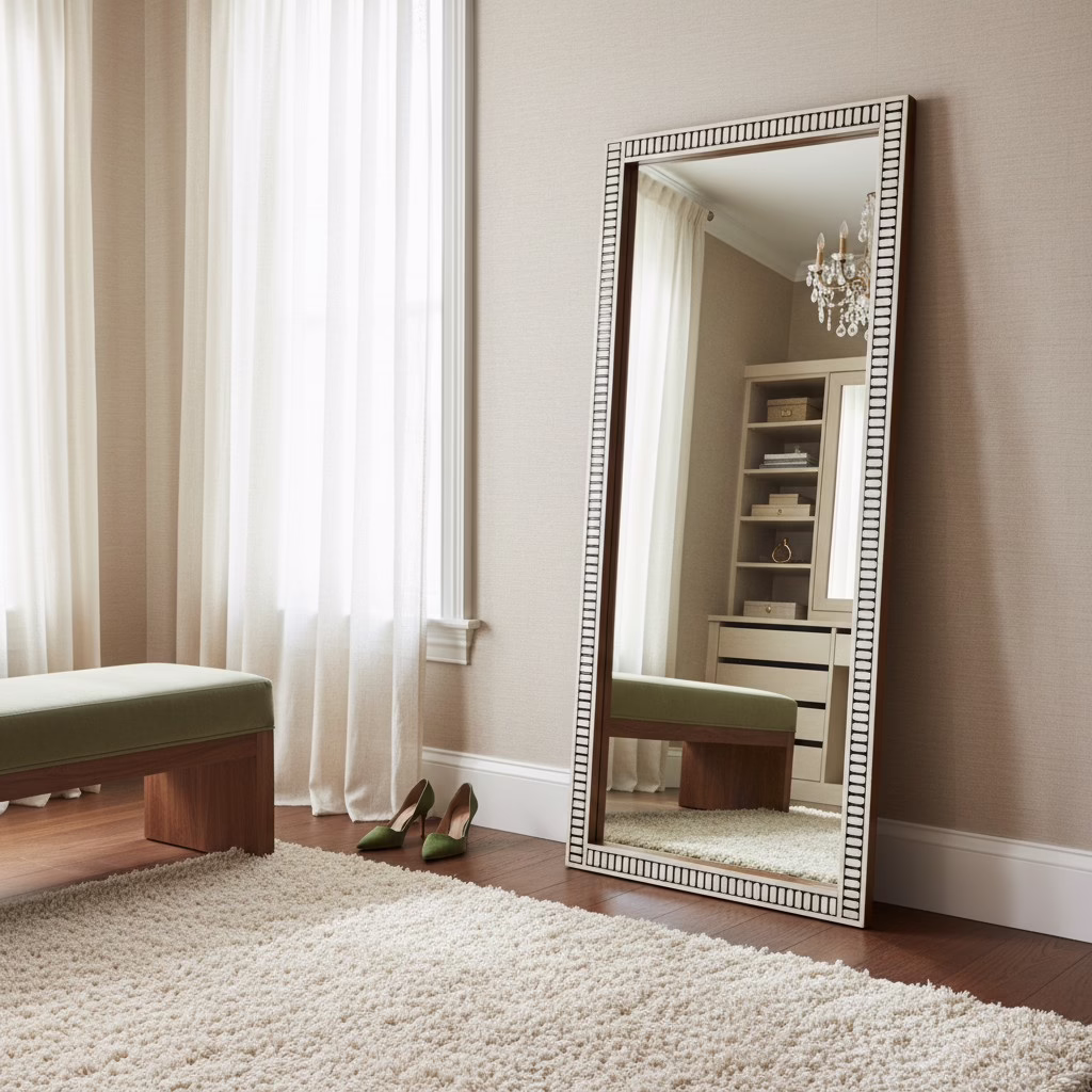 Prajna Bone Inlay Floor Mirror 36" x 88" 2 Bone Inlay Floor Mirror styled beside a chaise lounge in a luxury dressing room