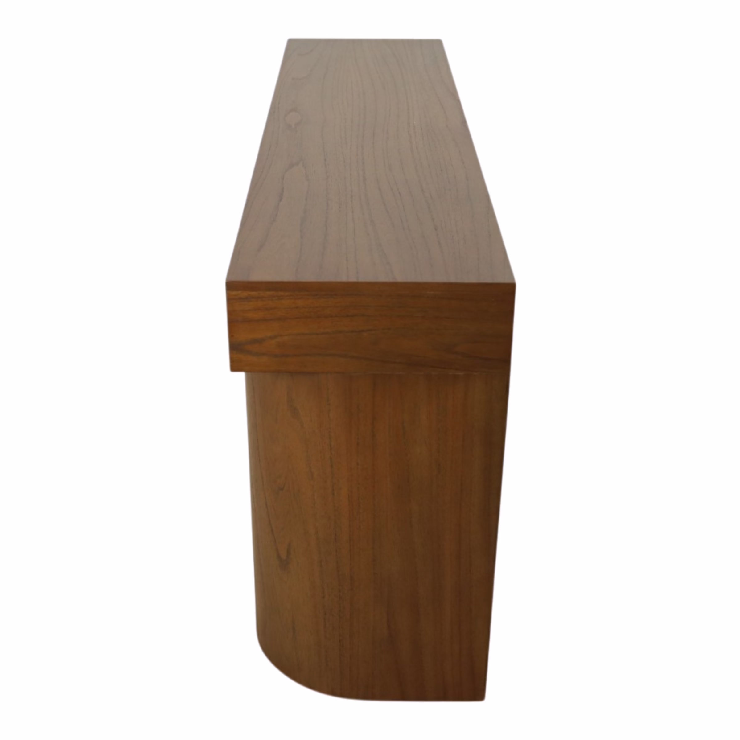 Rayan 65" Console Table, Warm Walnut 6 Side profile of the Rayan Sculptural Walnut Console Table showing thick top construction