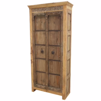 Angled view of reclaimed teak storage cabinet highlighting antique doors and carved trim