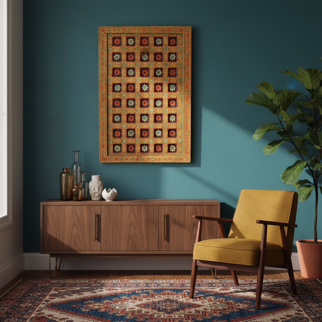 Rewati Hand Painted Haveli Teak Wall Panel 36" x 52" 6 Haveli Teak Wall Panel mounted above a console table with hand painted floral detailing