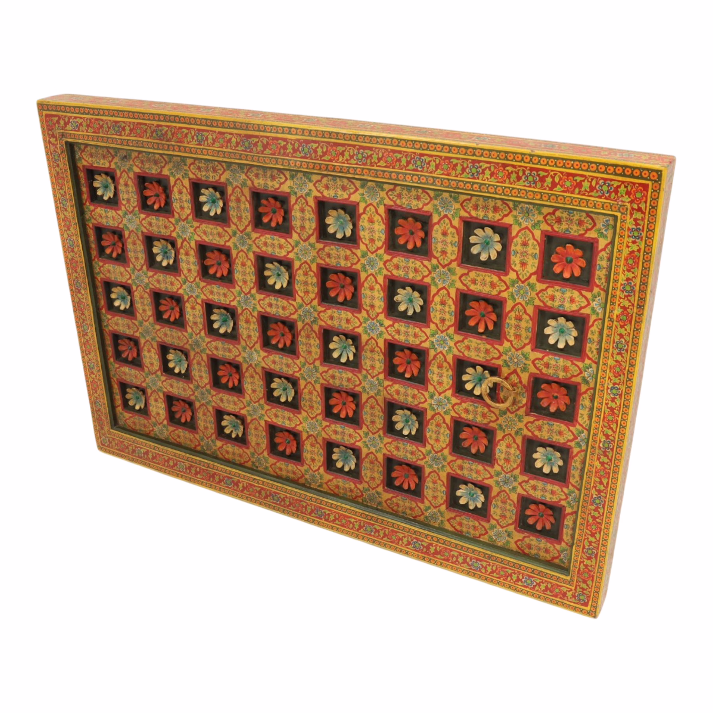 Rewati Hand Painted Haveli Teak Wall Panel 36" x 52" 3 Haveli Teak Wall Panel showing raised teak floral relief and hand painted surface detail